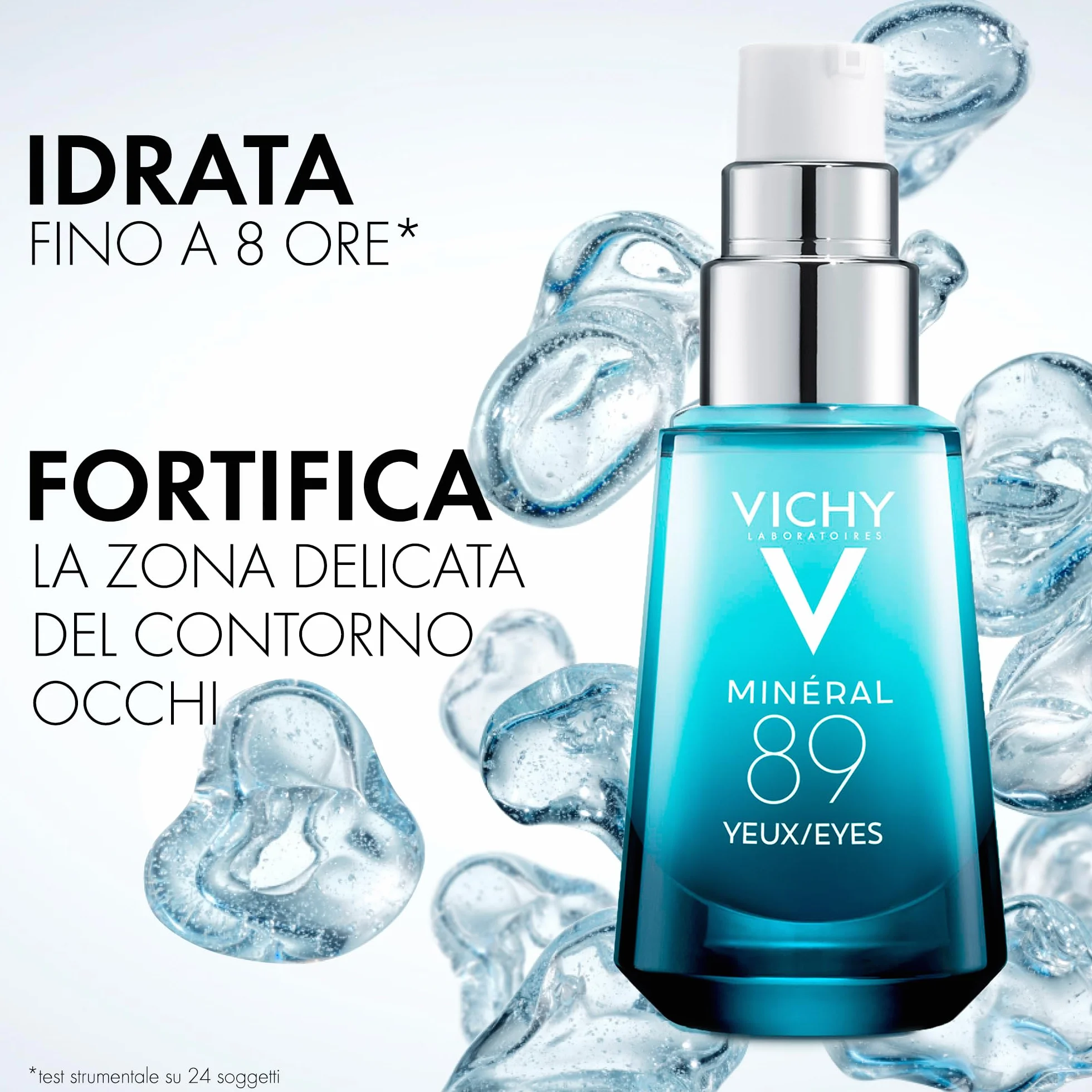 Vichy Minéral 89, Gel Occhi Fortificante, Per Tutti i Tipi di Pelle, 8H di Idratazione, Riduce Borse, Occhiaie e Linee Sottili, Con Caffeina, Acido Ialuronico e Acqua Vulcanica, 15 ml