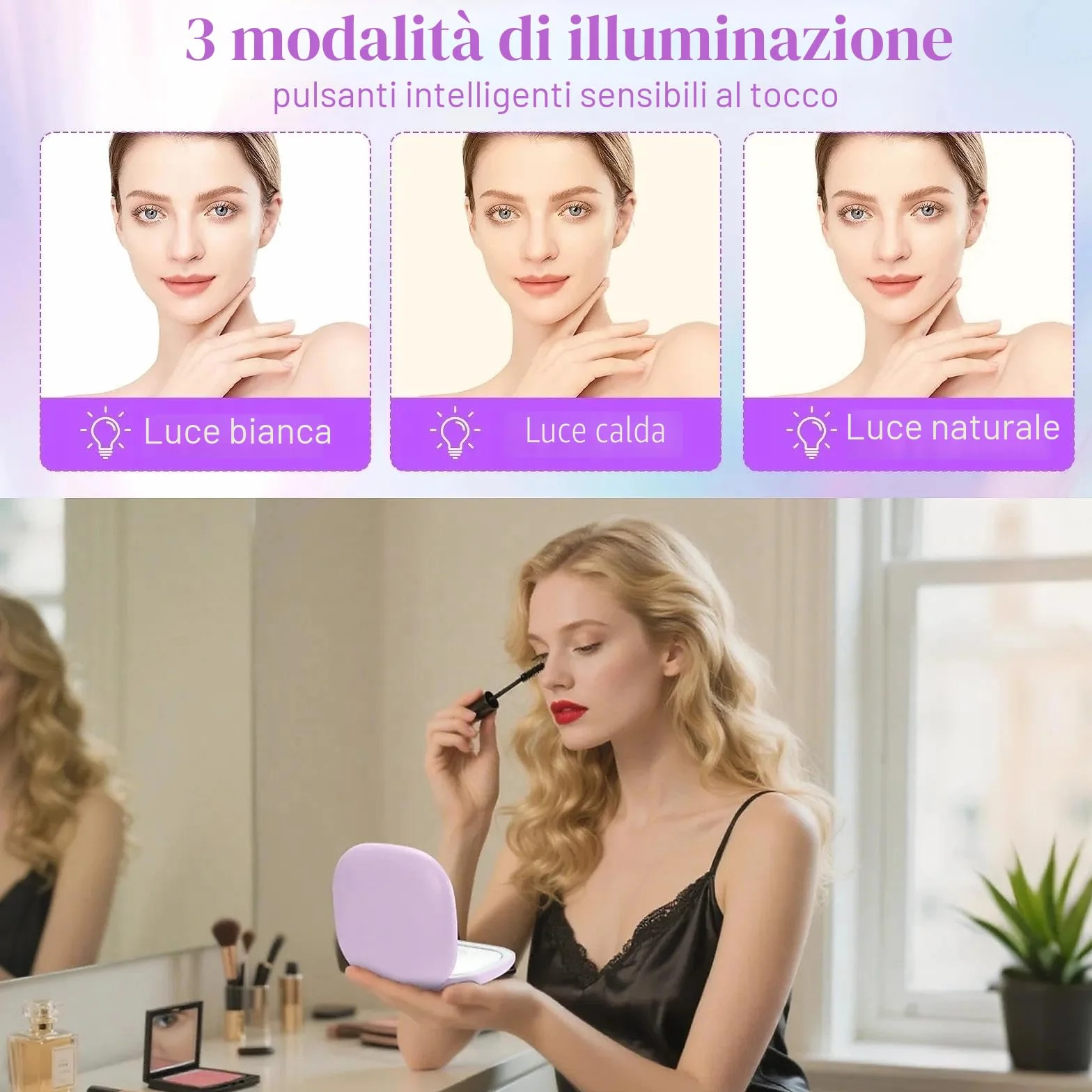 Collazoey LED Specchio Ingranditore, 1X/10X Specchietto da Borsetta, Chargement par USB, 3 Luci Regolabile Portatile Specchio da Viaggio, Interruttore Magnetico Pieghevole Piccolo Mirror (Viola)