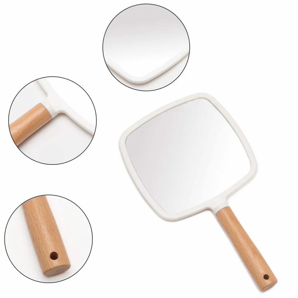 YEAKE Specchio a mano con manico per trucco, piccolo specchio in legno carino per rasatura con foro da appendere su un lato, portatile, da viaggio, per uomini e donne (quadrato)