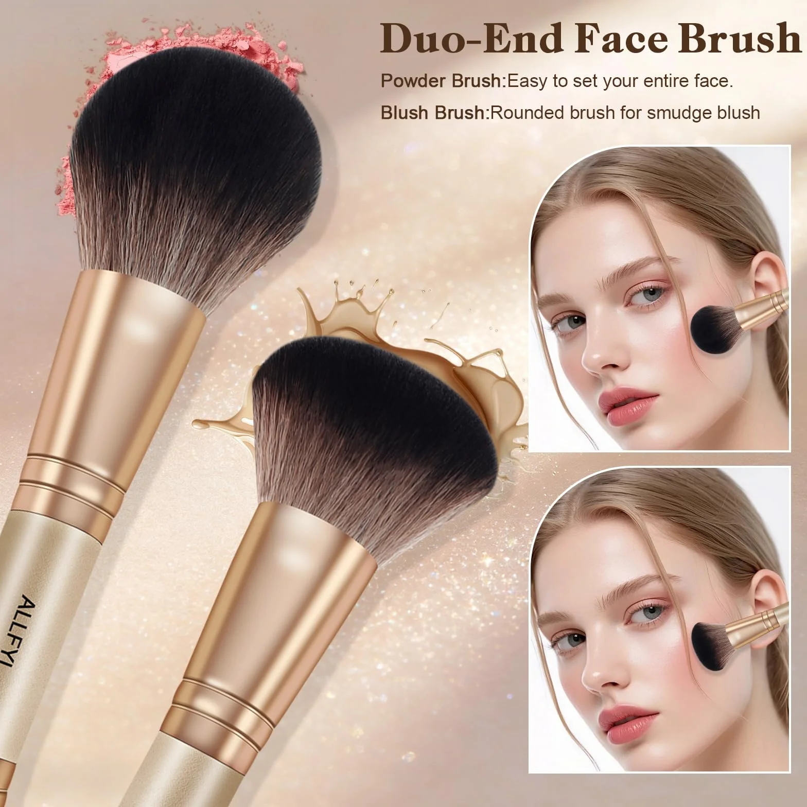 Set 6 Pennelli Doppi Trucco Professionali, Champagne, Pennello Fondotinta incluso, Pennelli Make Up per Viso Contour Occhi Labbra, Confezione Regalo da Viaggio per Donne