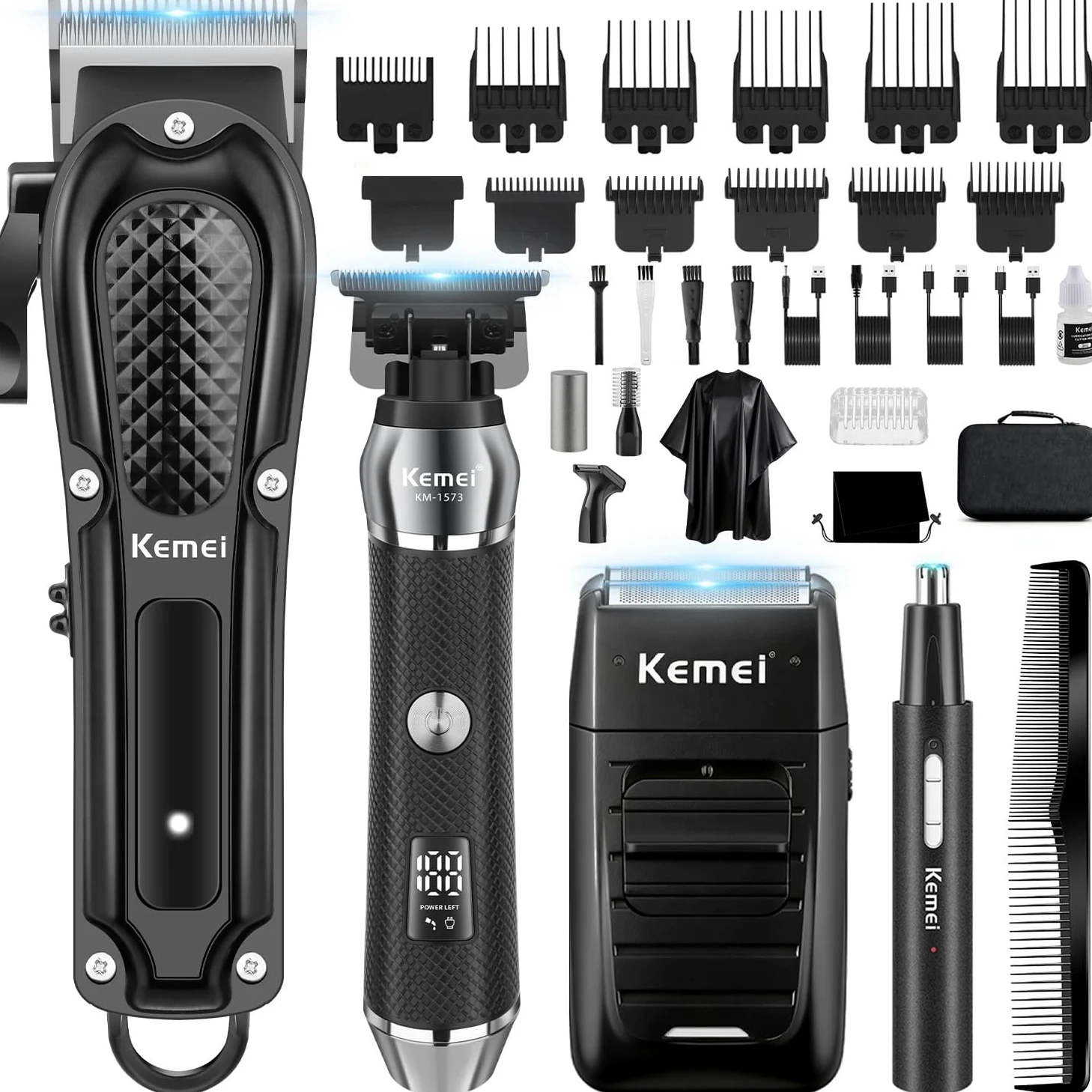 KEMEI Tagliacapelli professionale da uomo, senza fili, rasoio da barbiere, rasoio in lamina per naso, sopracciglia, orecchie, set completo di ricarica USB, kit elettrico completo per la cura dei