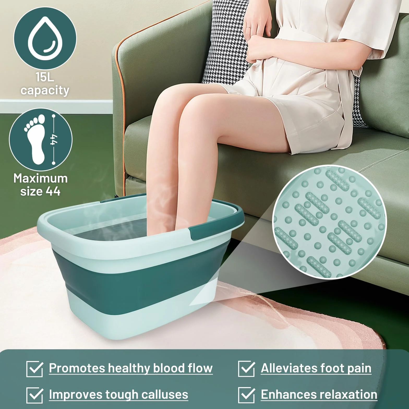 Pediluvio pieghevole per Pediluvio da 15L con Manico e Rulli massaggianti,Bacinella pieghevole,Vaschetta pedicure,Idromassaggio Plantare,Ergonomica,Leggera e Salvaspazio – Verde Chiaro