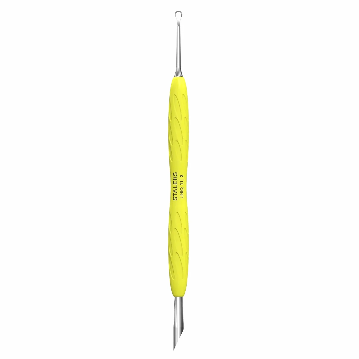 Staleks UNIQ PQ-11/2Y Spinta cuticole doppio professionale manico in silicone giallo – strumento manicure pedicure acciaio inossidabile sterilizzabile (anello + spinta obliqua)