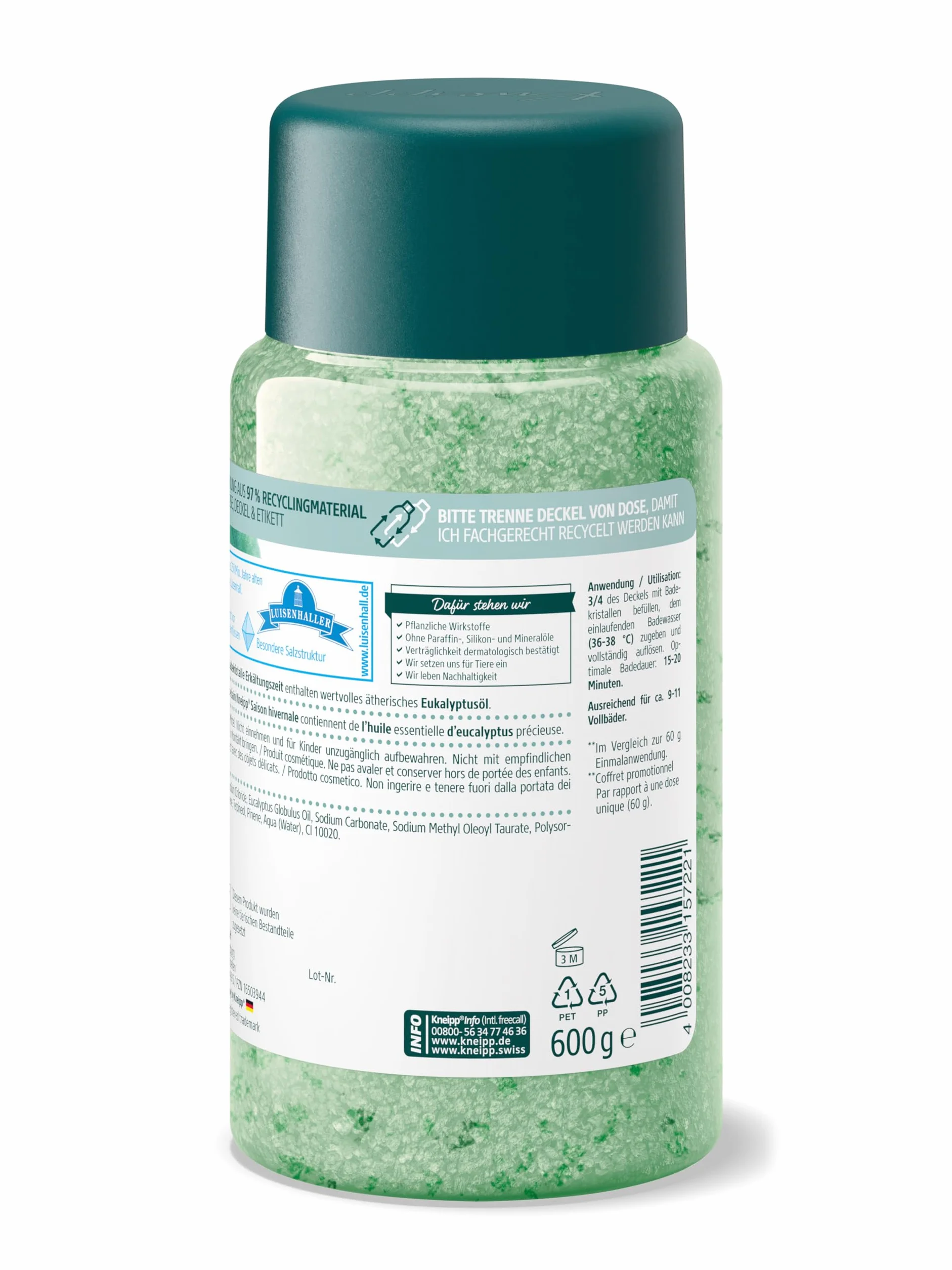 Kneipp Cristalli da bagno per il raffreddore – Sali da bagno – con sale naturale profondo della Saline Luisenhall & oli essenziali naturali di eucalipto e menta, effetto aromacologico – 600 g