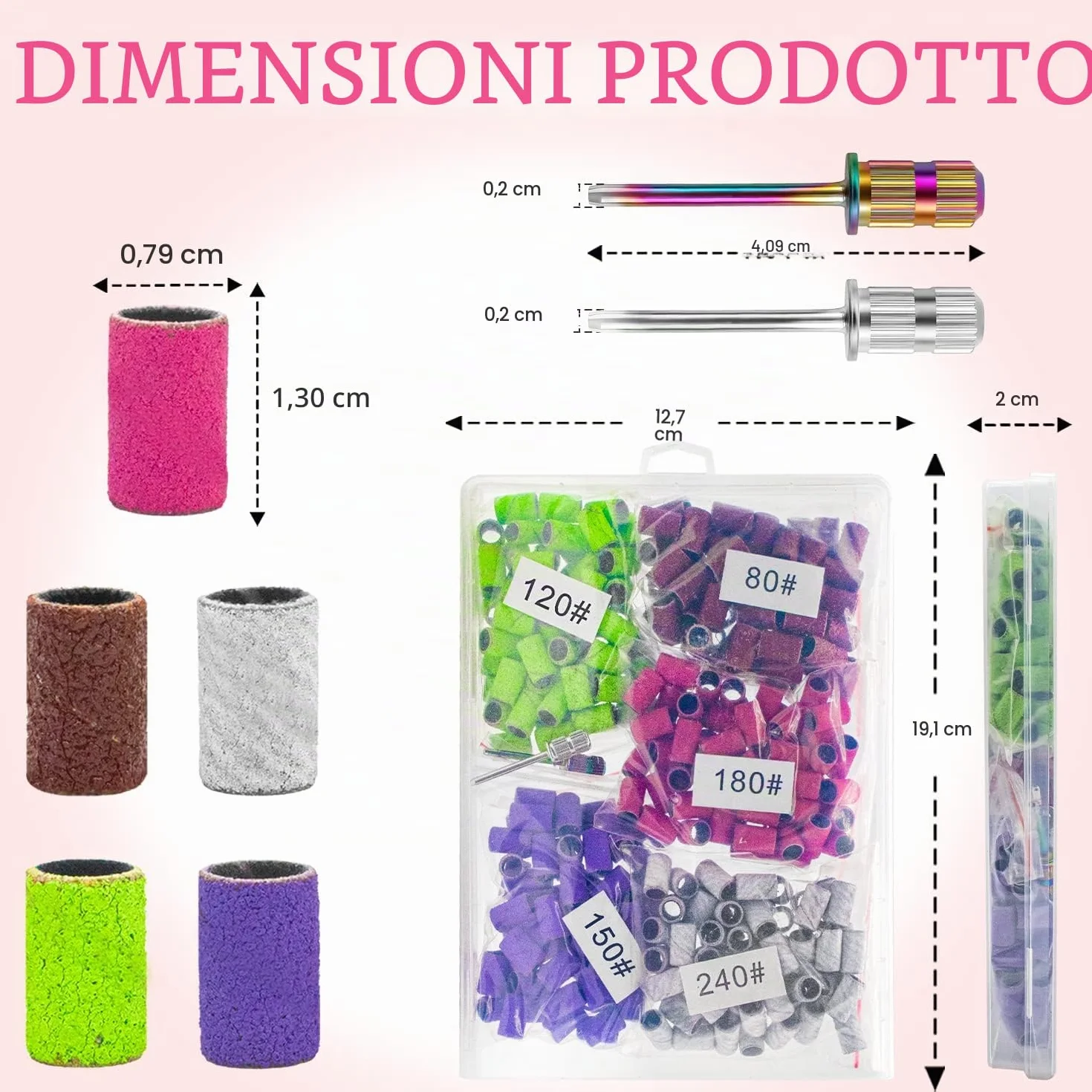 300 Pezzi Bande Abrasive Fini e Grossolane per Unghie 80/120/150/180/240, 2 Punte a Mandrino 2.5MM per Manicure Pedicure