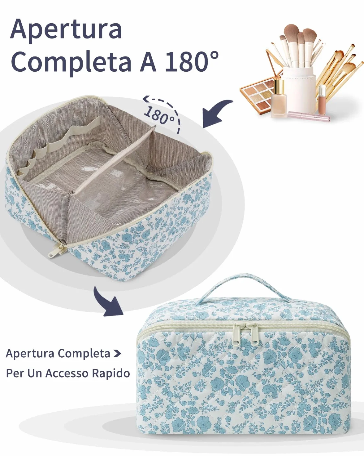 Wandering Nature Beauty Case Donna da Viaggio Impermeabile – Trousse Make Up Grande con Scomparti e Tasca Pennelli, Borsa Trucco Elegante con Manico e Divisorio Trasparente