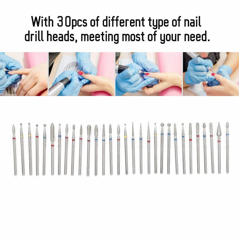 Punta per trapano per unghie Testa smerigliatura diamanti Trapano nail art Kit testa smalto Accessori macchine nail art 30Pcs Set