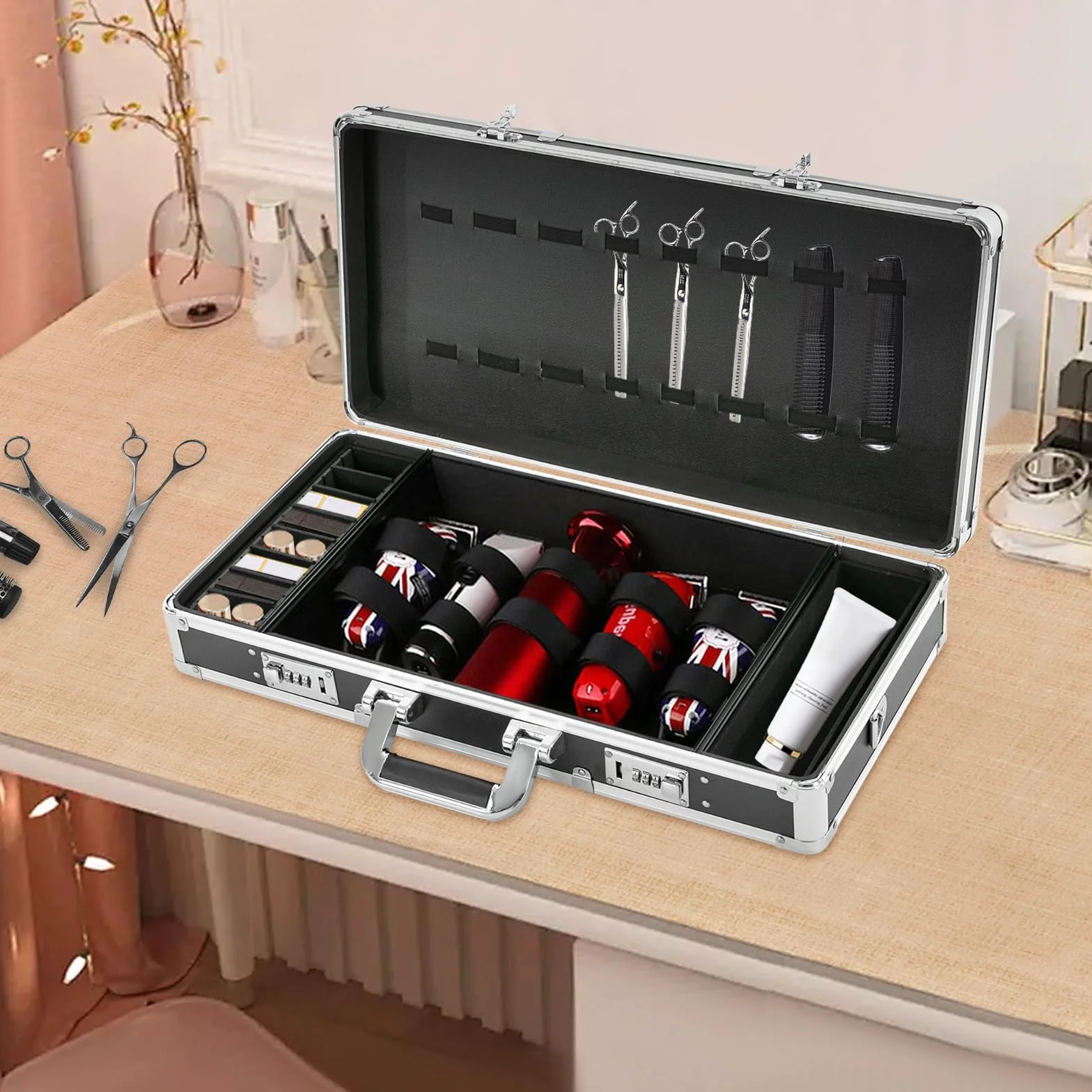 Barbiere case portatile, con due lucchetti a combinazione, organizer per attrezzi da viaggio, stile Barber Stylist, borsa per il trasporto (argento)