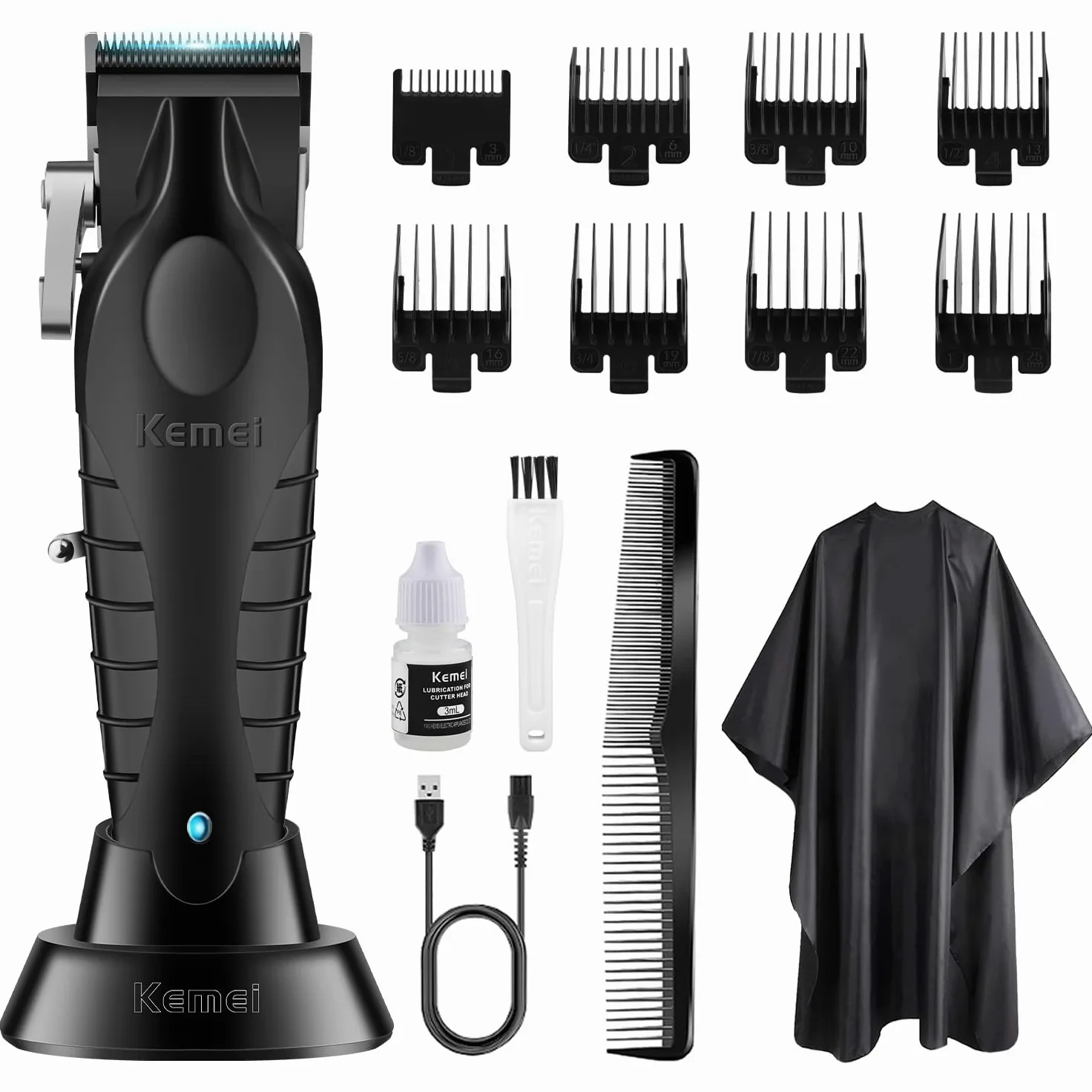 KEMEI 2296 - Tagliacapelli professionale uomo, senza fili, ricaricabile USB, 350 minuti, 8 pettini guida