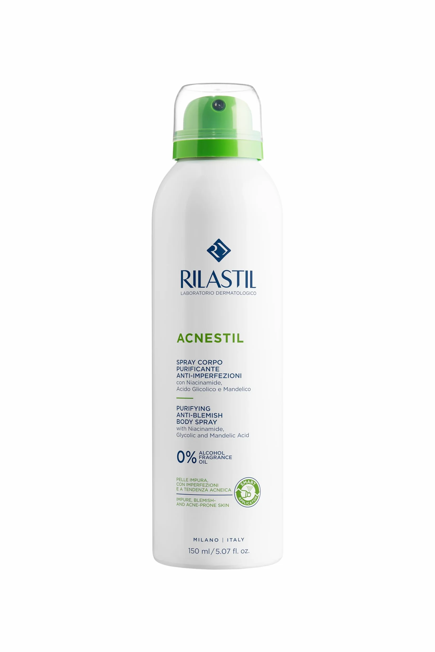 Rilastil Acnestil Spray Corpo Purificante e Anti-imperfezioni, Sebonormalizzante, Lenitivo con Niacinamide, Acido Glicolico e Acido Mandelico, 150 ml