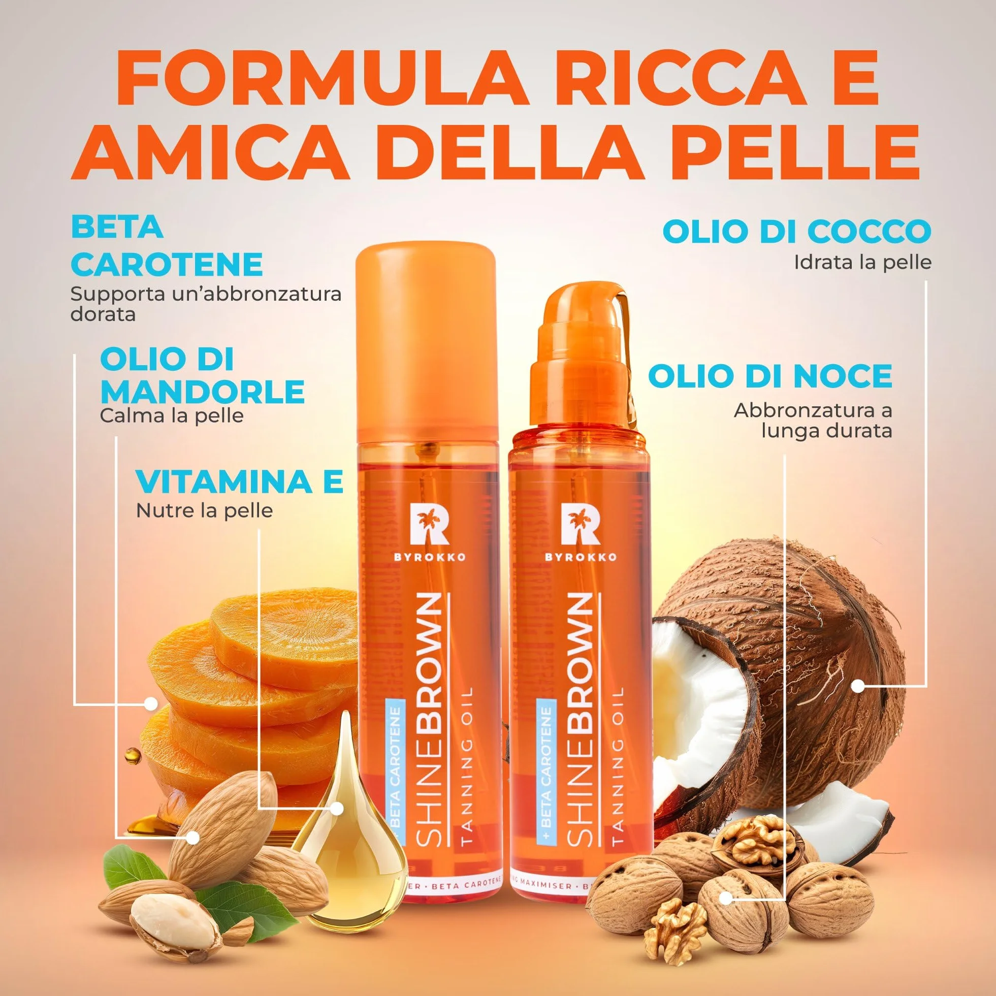 BYROKKO Shine Brown Beta Carotene Abbronzante Gel 200 ml Crema Naturale per Lettino Abbronzante