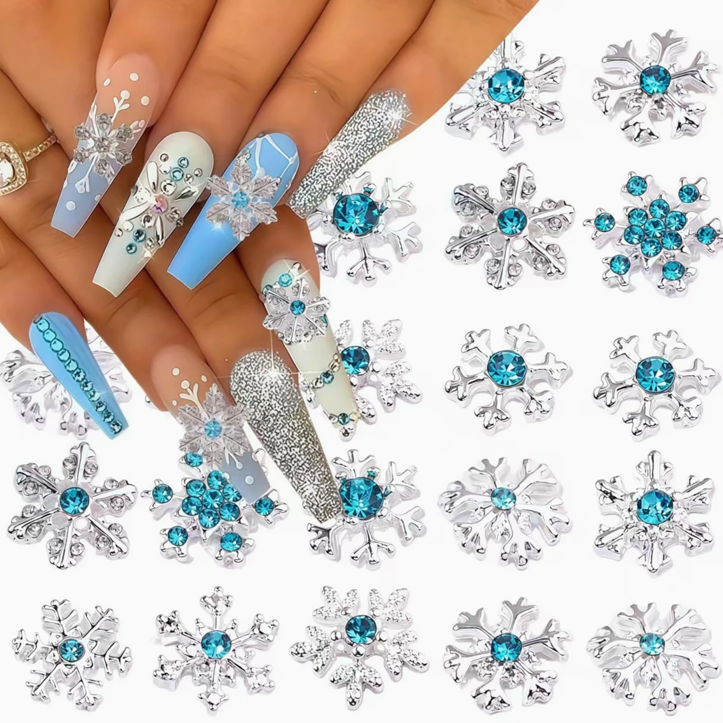 20 ciondoli per unghie a forma di fiocco di neve, argento lucido, blu, inverno, Natale, fiocco di neve, strass, design fiocchi di neve, ciondoli per unghie acriliche, unghie di Natale, gioielli per