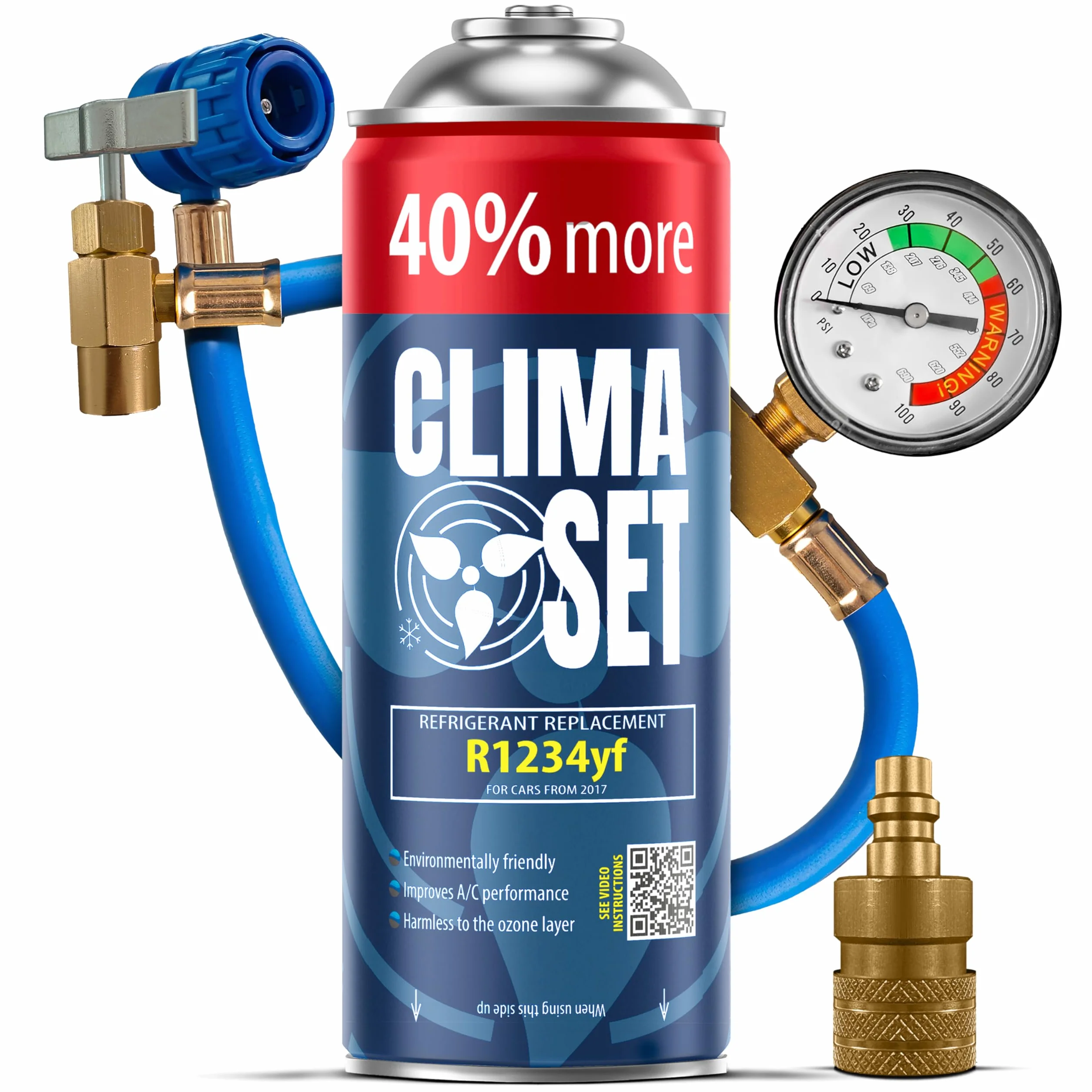 ClimaSet R1234yf Gaz di ricambio refrigerante condizionatore auto 235 g tubo manometro adattatore