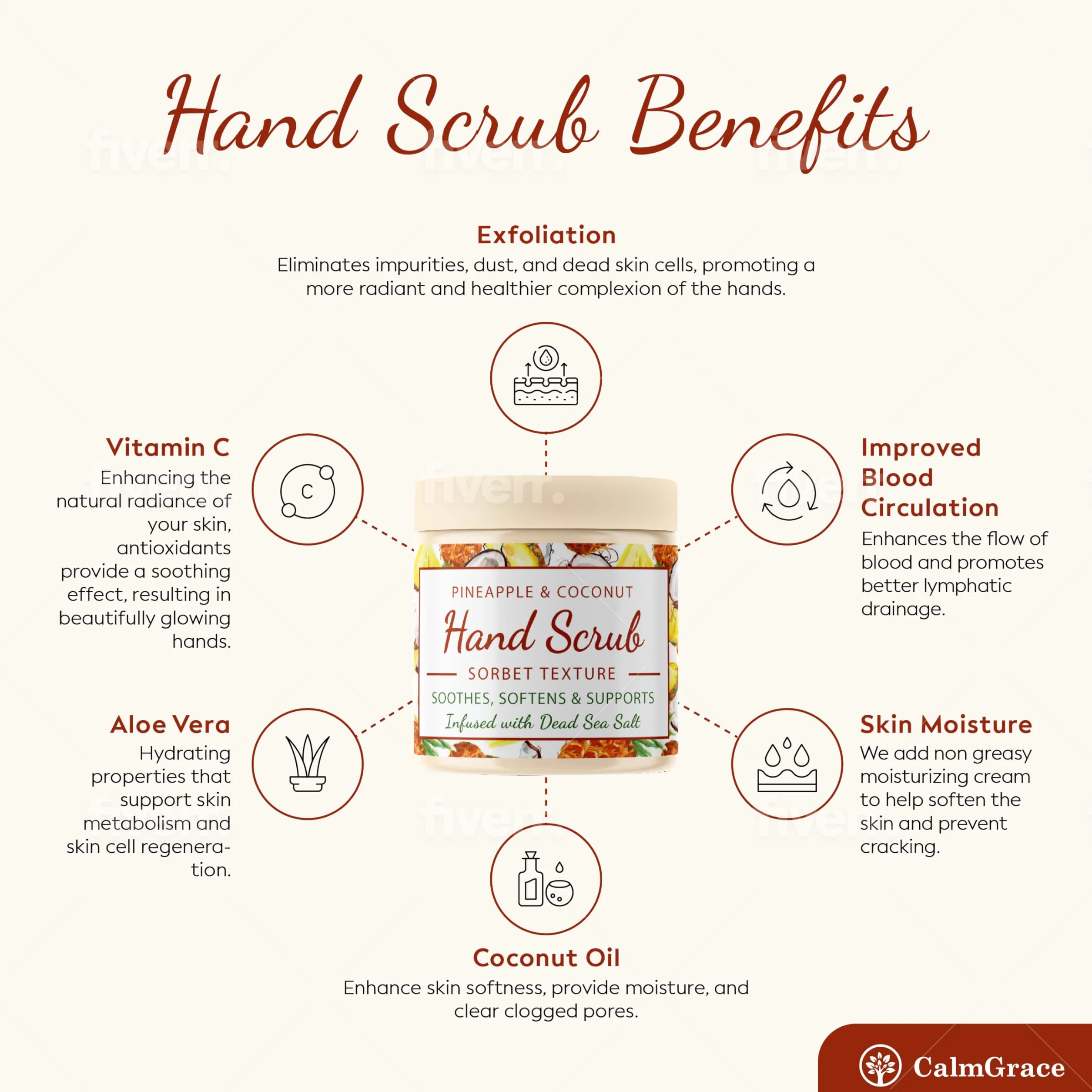 CalmGrace Scrub esfoliante per le mani con sali del Mar Morto e profumo di ananas e cocco, esfoliante per le mani, texture sorbetto, 300 g, arricchito con olio di avocado e vitamina E, C
