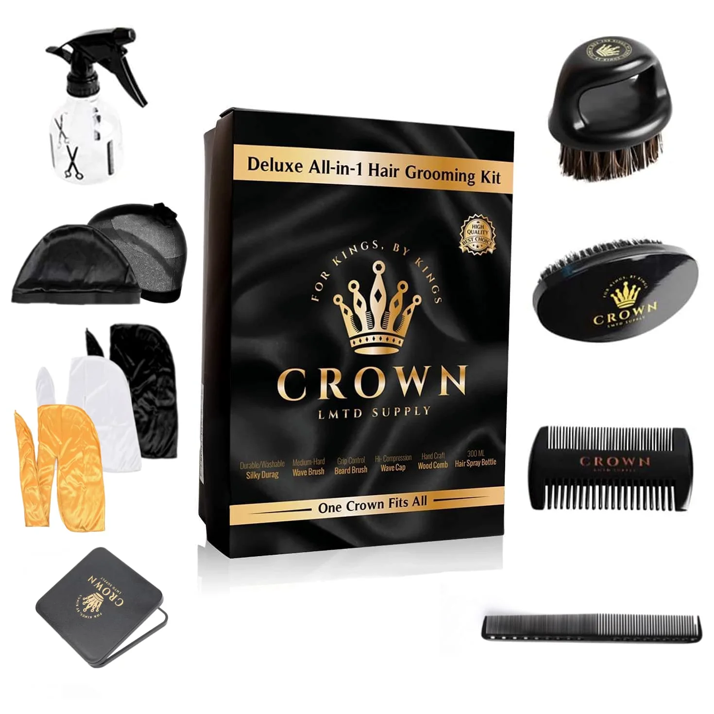 Set per la cura dei capelli Deluxe Wave 11 in 1 – 3 Durags, spazzola ondulata, spazzola per barba con setole, pettine ondulato, flacone spray, 2 tappi per calze, specchio da uomo