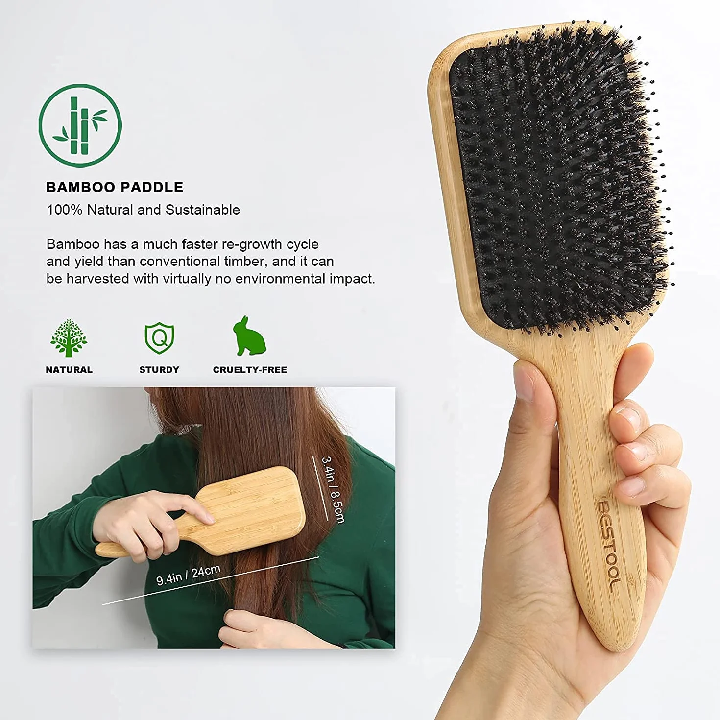 BESTOOL Spazzola per capelli in setole di cinghiale legno naturale massaggio anti statico grande per donna uomo bambino