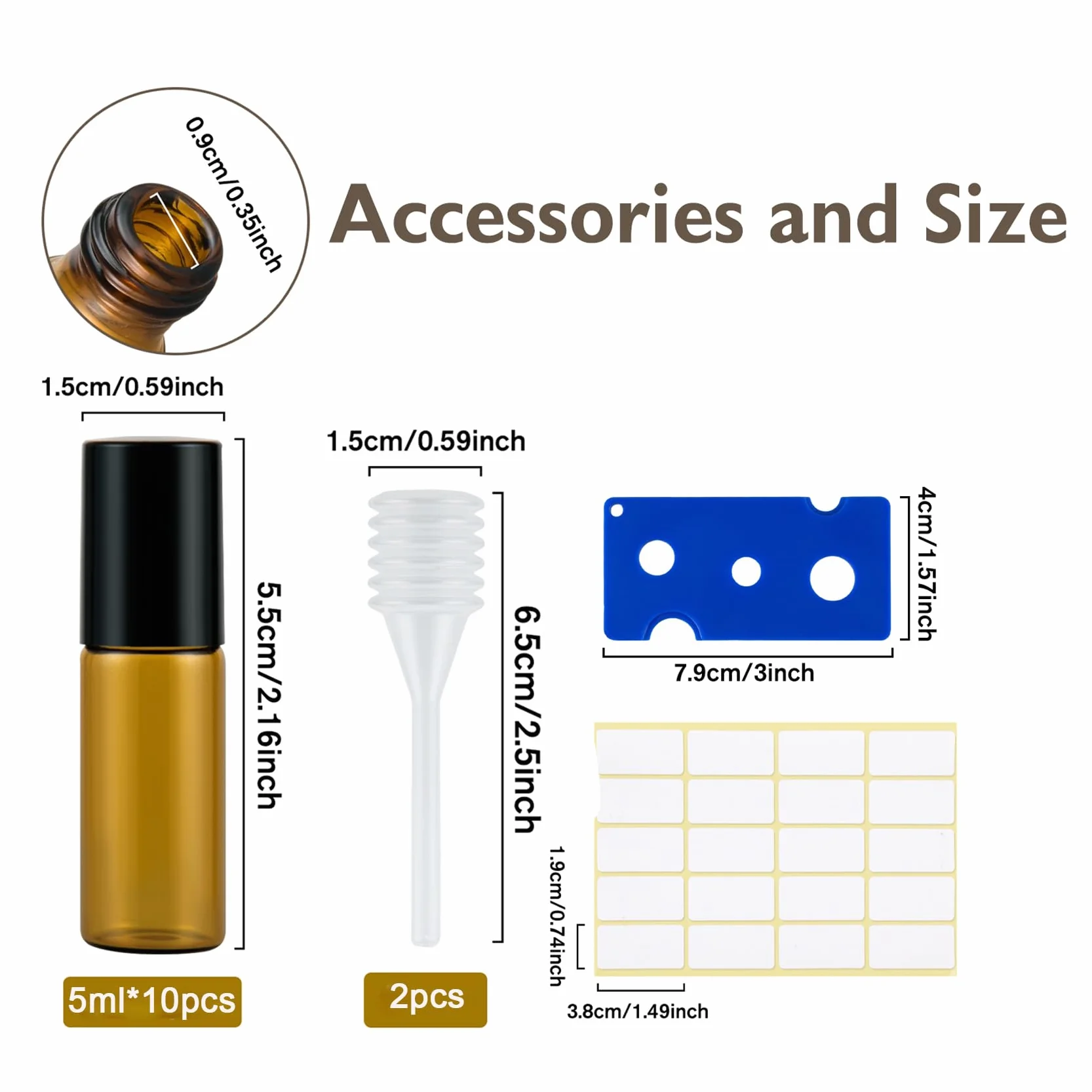 10 bottiglie di vetro Roll On per olio essenziale, 5 ml, mini bottiglie Amber Rollon, vuote con apertura, etichette e pipette, profumo, massaggi