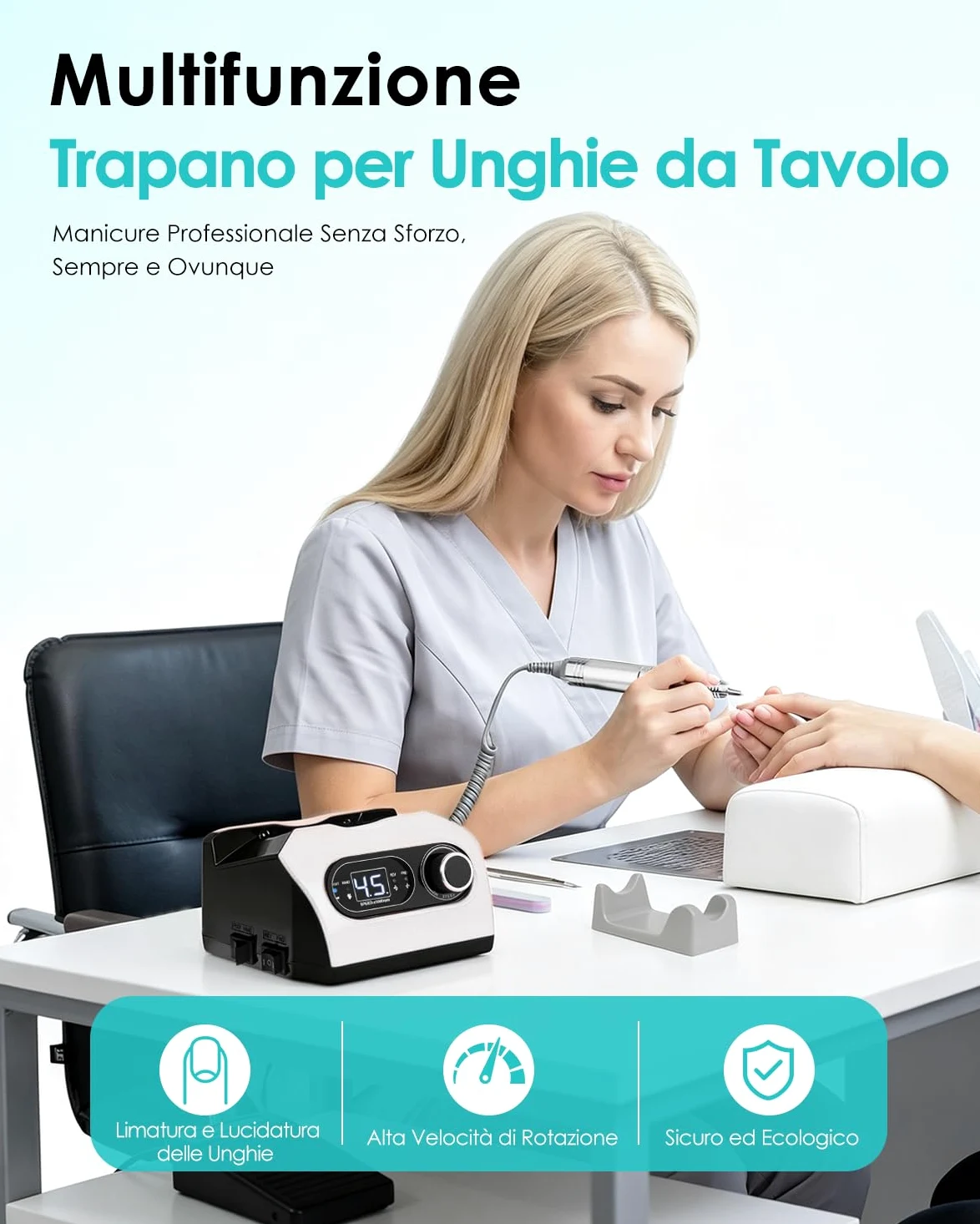 CozyZen Lima per Unghie Elettrica, Trapano Professionale a Filo con 35.000 RPM, Pedale, 6 Frese, Display LED e Controllo Velocità per Casa e Salon（Bianco）