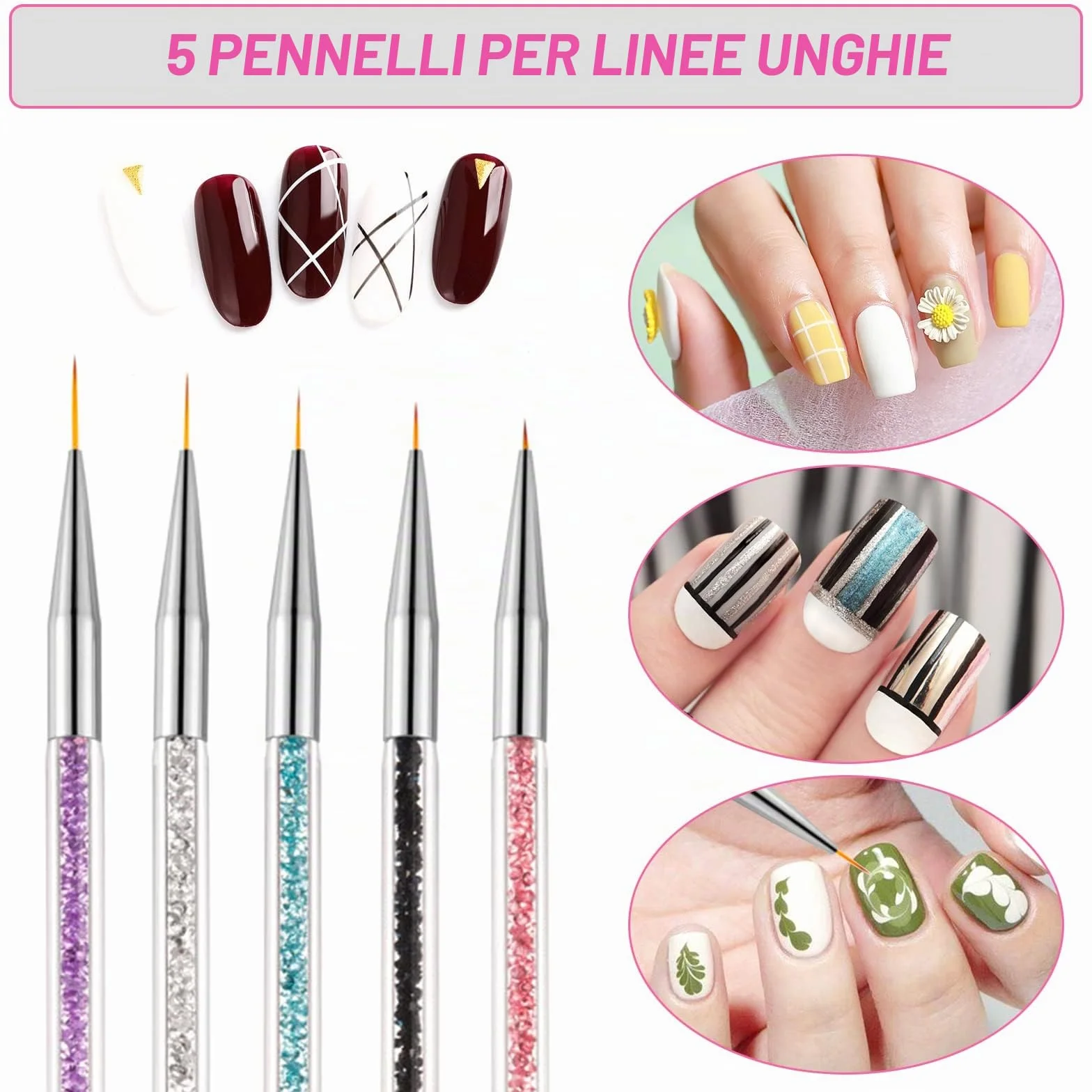 Sularpek 5 Pezzi Pennelli per Unghie, Pennelli Unghie Doppia Testa, Brush per Nail Art Penne dotter, Liner Pittura Pennello Set per DIY Disegno Decorazioni