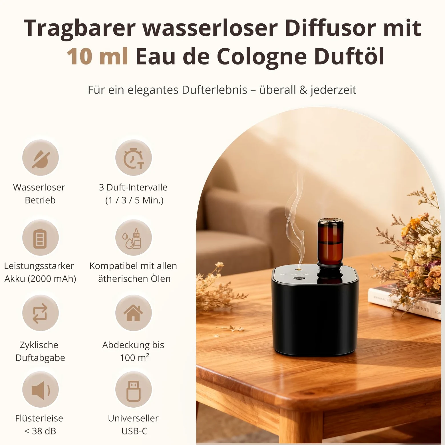 Diffusore senza fili per oli essenziali, diffusore di aromaterapia con olio di tè bianco da 10 ml e 3 modalità di spruzzo, aria fredda ad ultrasuoni silenziosa, batteria da 2000 mAh e USB-C, per casa