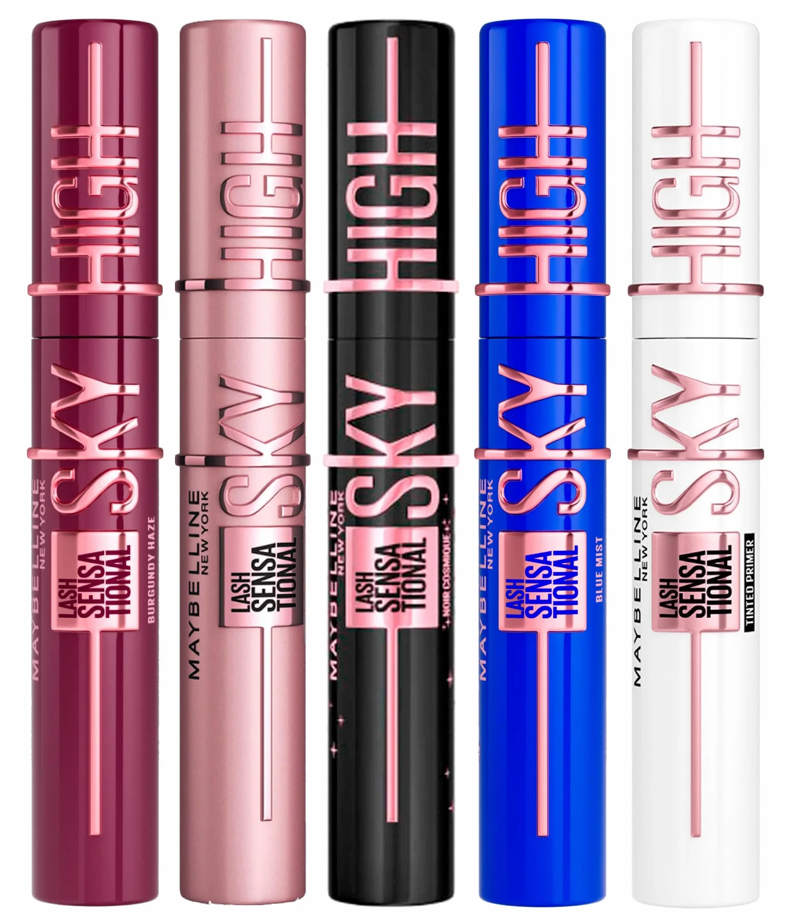 Maybelline New York Mascara Sky High Lash Sensational Volumizzante e Allungante Colorazioni Burgundy Haze + Nero + Cosmic Black + Blue Mist + Primer Nero per Ciglia Morbide - Set da 5