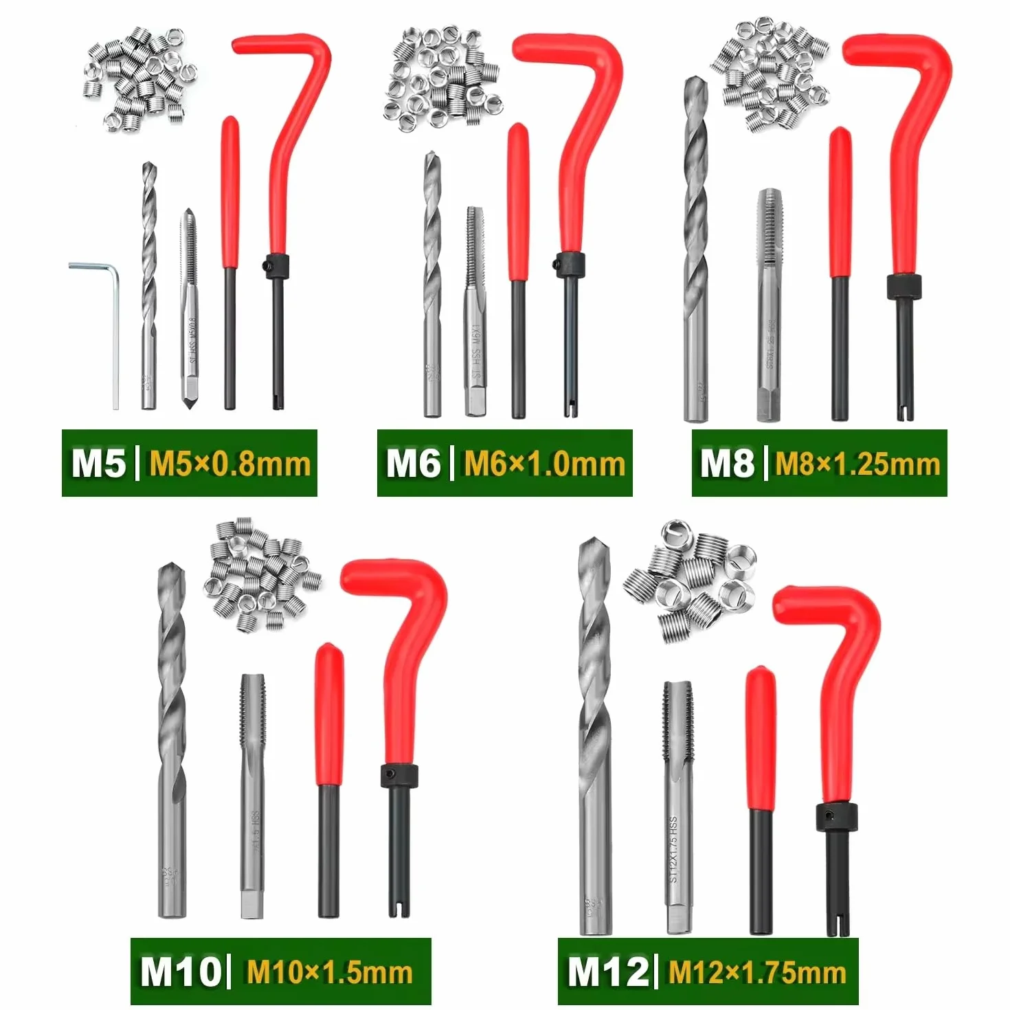 Helicoil Kit 131 Pz Filettatura M5 M6 M8 M10 M12, Set Elicoidi per Viti Interni