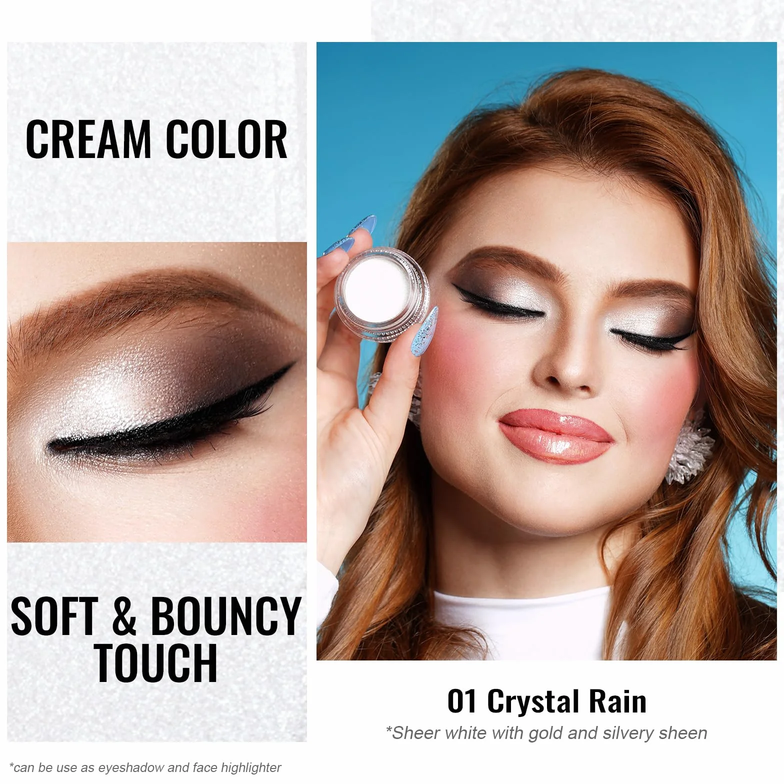 Oulac Ombretto Occhi Glitter Bianco Illuminante Viso Super Impermeabile Lunga Durata 12 Ore Finitura Lucida Scintillante Vegan 06g Crystal Rain