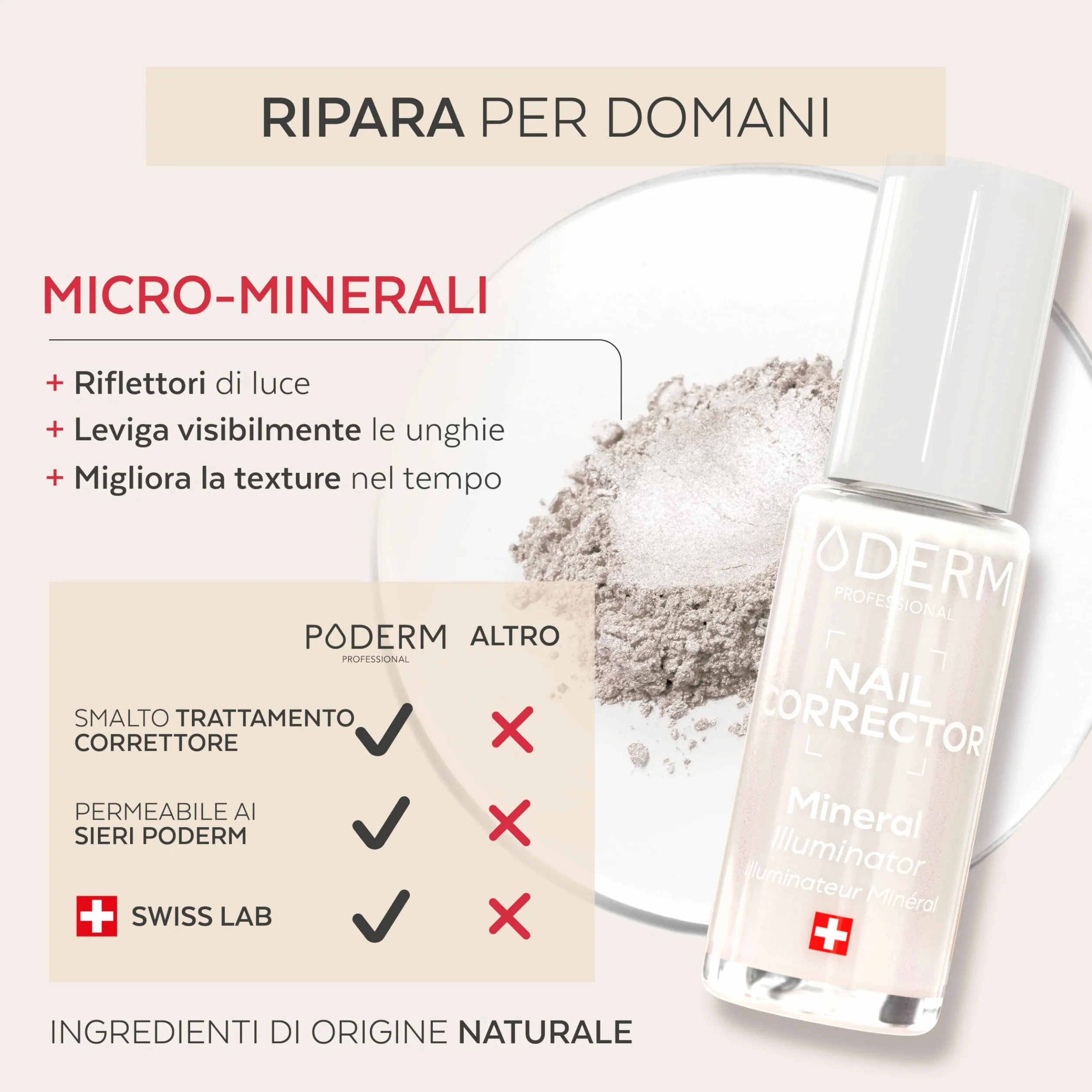 PODERM Smalto Trattamento Unghie Correttivo & Perfezionatore – Illuminante | 8 ML - Esalta Brillantezza Naturale | Micro-minerali Riflettenti Luce | Sviluppato da Podologo in Svizzera