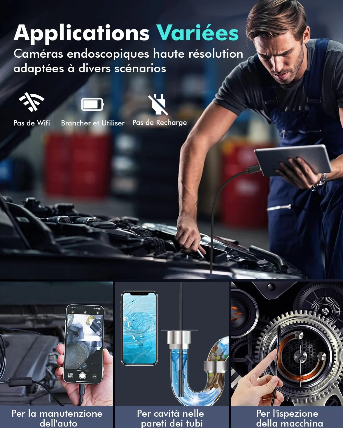 Endoscopio HD 1920P per Smartphone con Sonda Semirigida Impermeabile 8 LED 5M Android iOS iPad