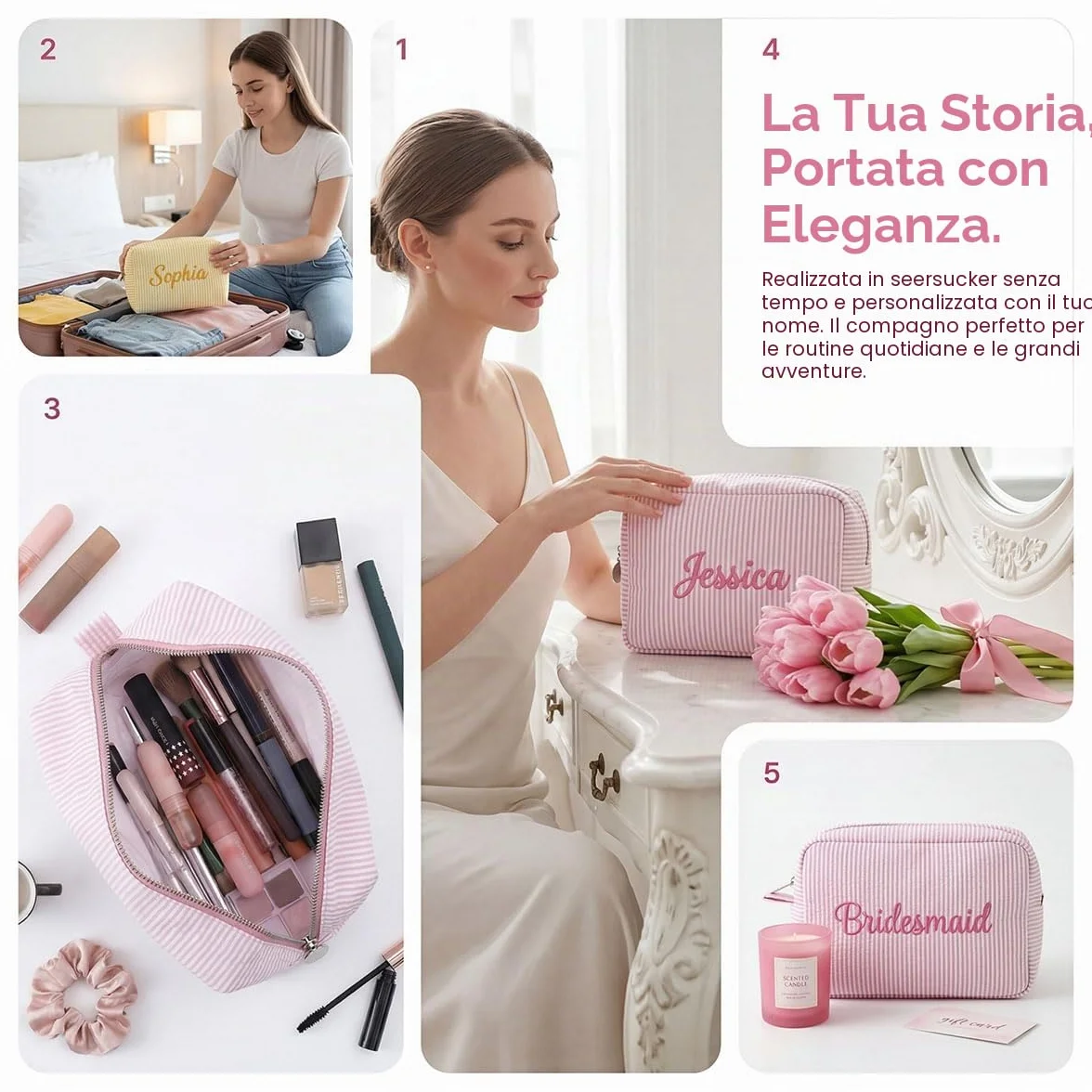 Personalizzato Ricamato Seersucker Makeup Bag, Sacchetto Cosmetico a Righe, Borsa da Toilette Leggera di Viaggio Grande Capacità