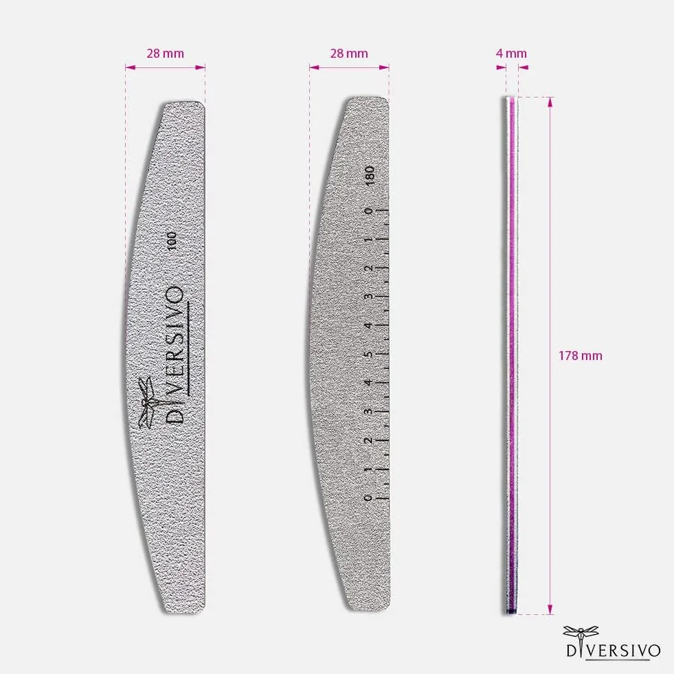 Lime Per Unghie 100 180, Professionali, Lavabili, Monouso, a Mezzaluna con righello. Il set comprende 10 Lime imbustate singolarmente in un Packaging Elegante, Uso Domestico e Salone.