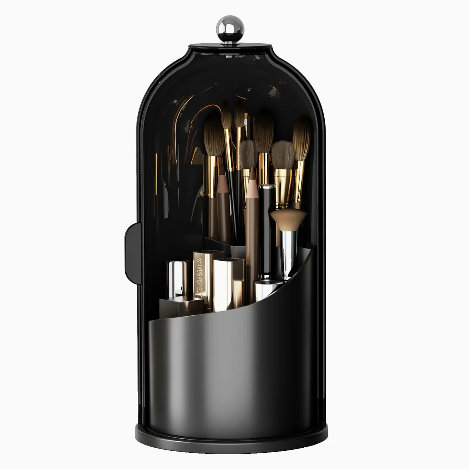 Porta pennelli da Trucco con Coperchio, Girevole a 360°, Organizer per Cosmetici da appoggio, Antipolvere, per Bagno, Trasparente (Nero Scuro)