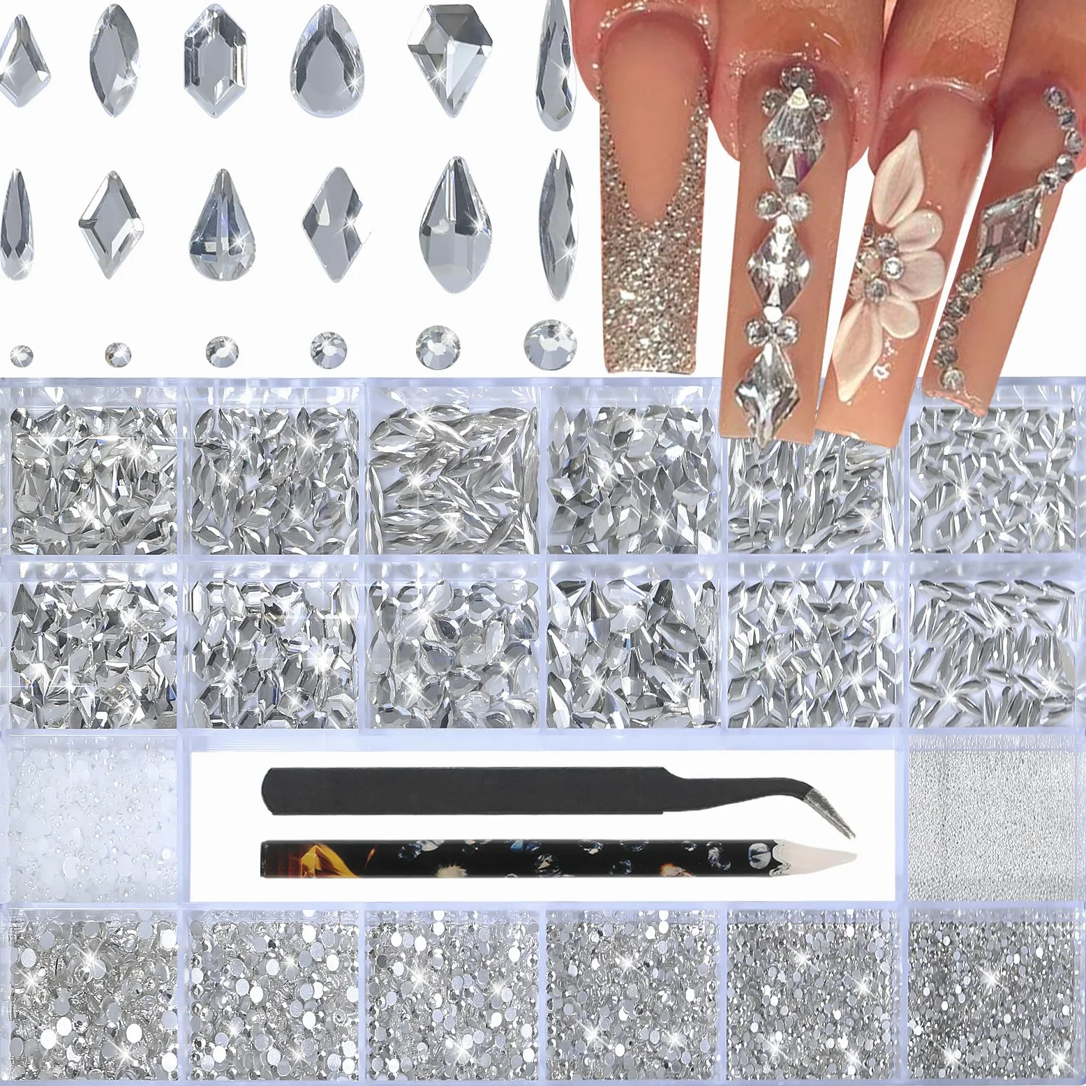 Strass bianchi per unghie, gemme 3D di varie forme, perline per manicure, perle, strass con retro piatto, con kit, per decorazione nail art