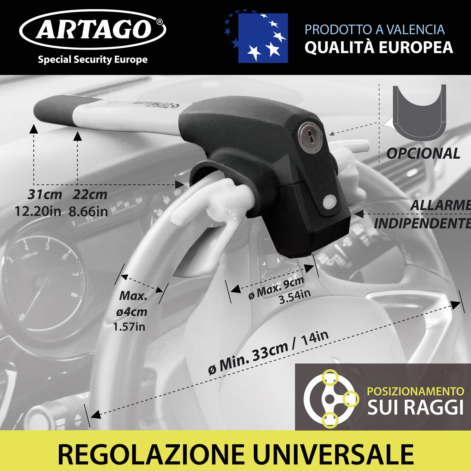 ARTAGO 870 Antifurto Auto Alta Gamma, Blocca Sterzo 2en1, Allarme Intelligente 120dB LED Notte, Bloccasterzo Meccanico Sonoro