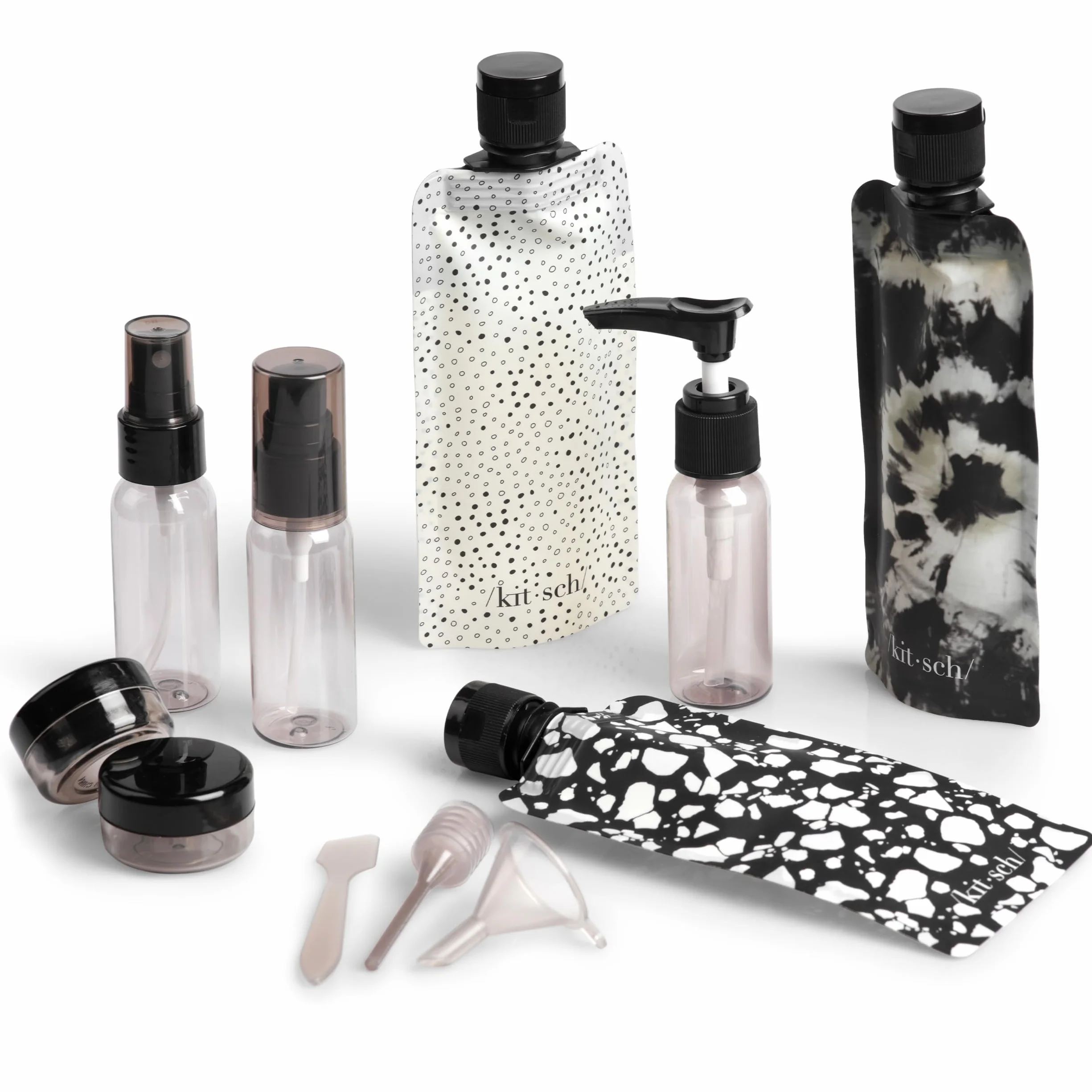 Kitsch Set da Viaggio 11 Pezzi per Toiletries – Kit Essenziale per Shampoo, Balsamo, Lozione e Altro, Contenitori Ricaricabili da Viaggio a Prova di Perdite – Nero & Avorio