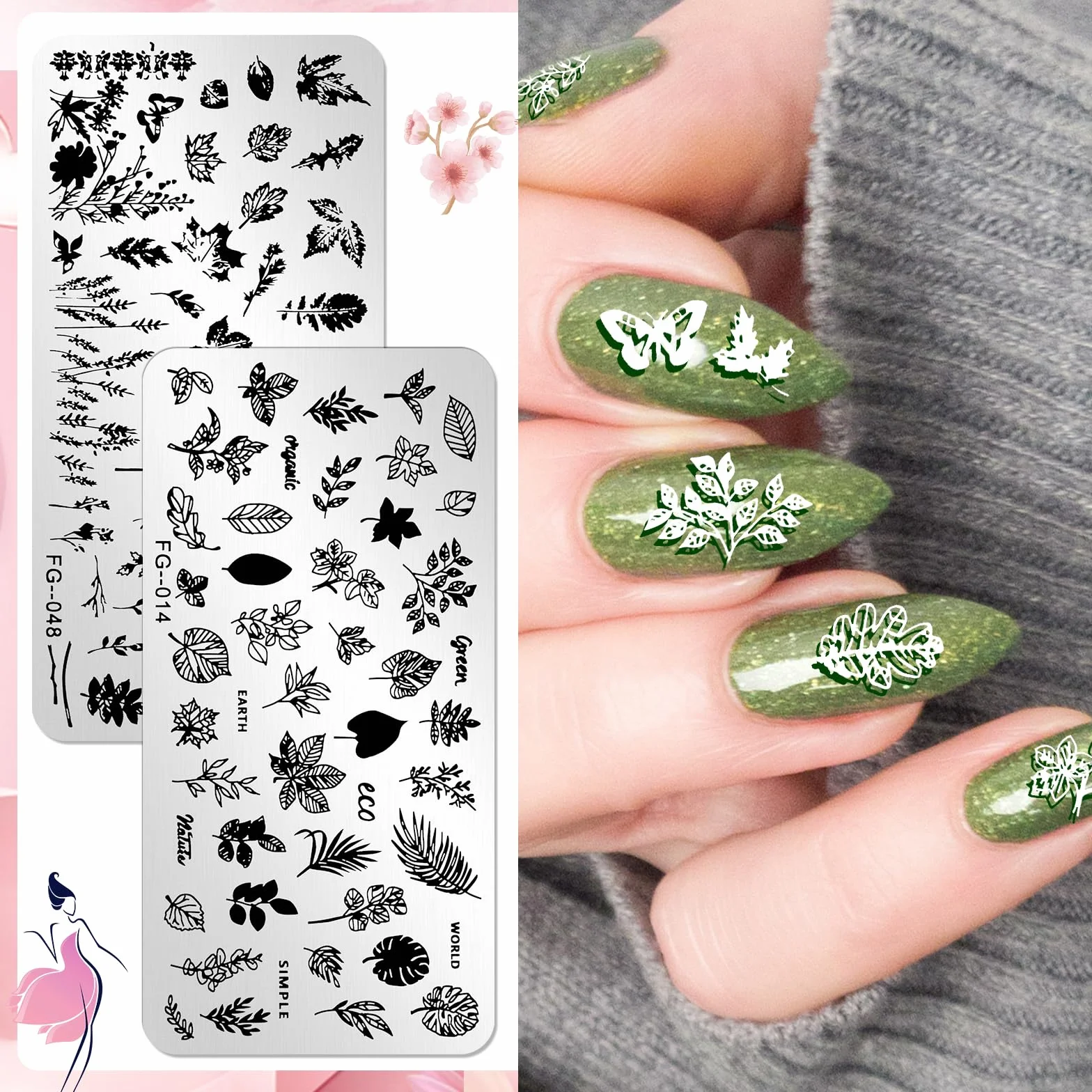 JSRQT 6 Pezzi Piastre per Nail Art, Farfalla Fiore Piuma Foglie Set di Nail Art Stamping Stampini, Piastre per Nail Art in Metallo, Modelli di Stencil per Unghie per Donne Manicure Art Fai da Te