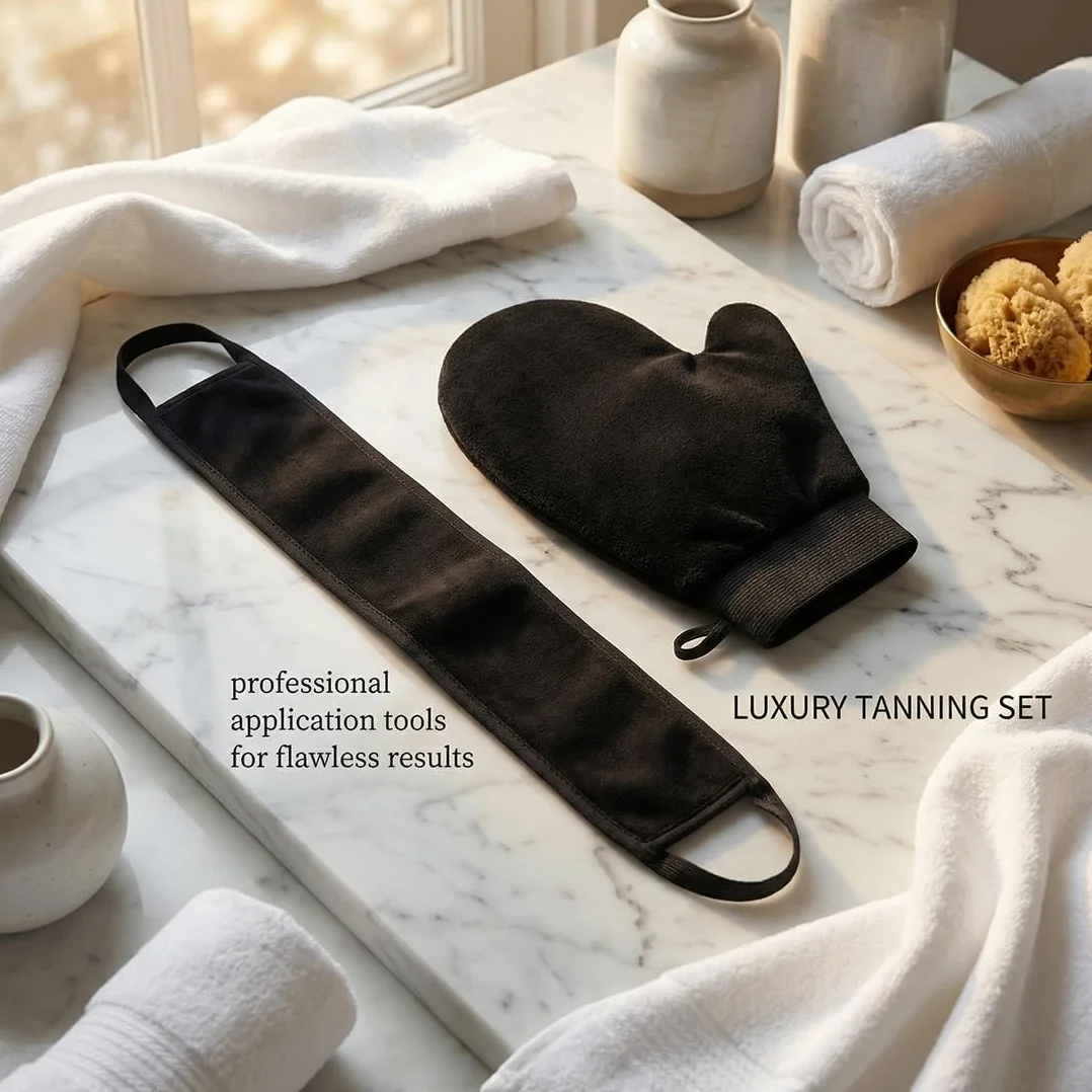 Set 2 Pezzi: Guanti Autoabbronzanti, Applicatore per Schiena, Applicatore Viso, Guanti Esfolianti, Guanti per Crema Solare (Nero)