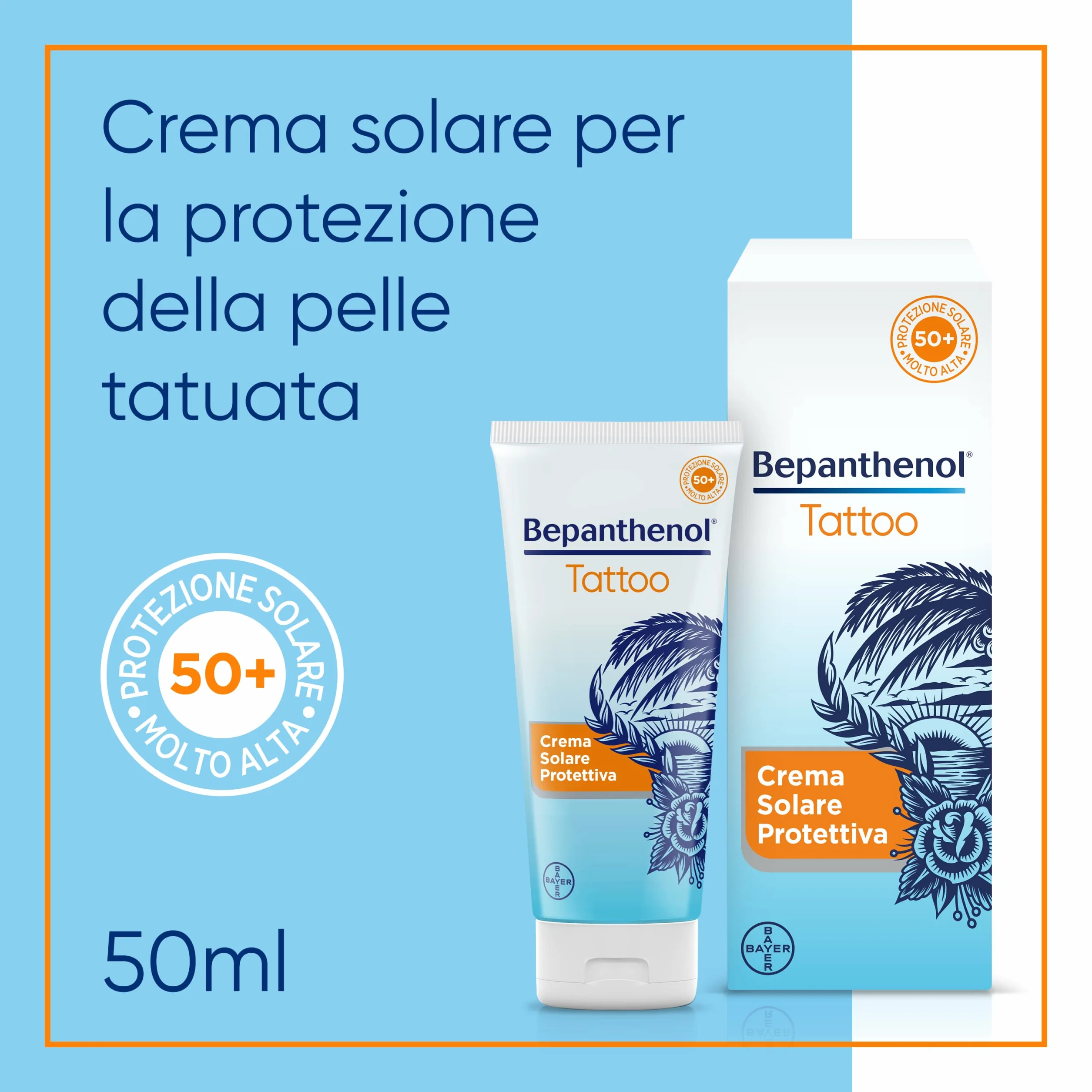 Bepanthenol Tattoo Crema Solare 50 Aftercare Protezione Solare UVB UVA 50 ml