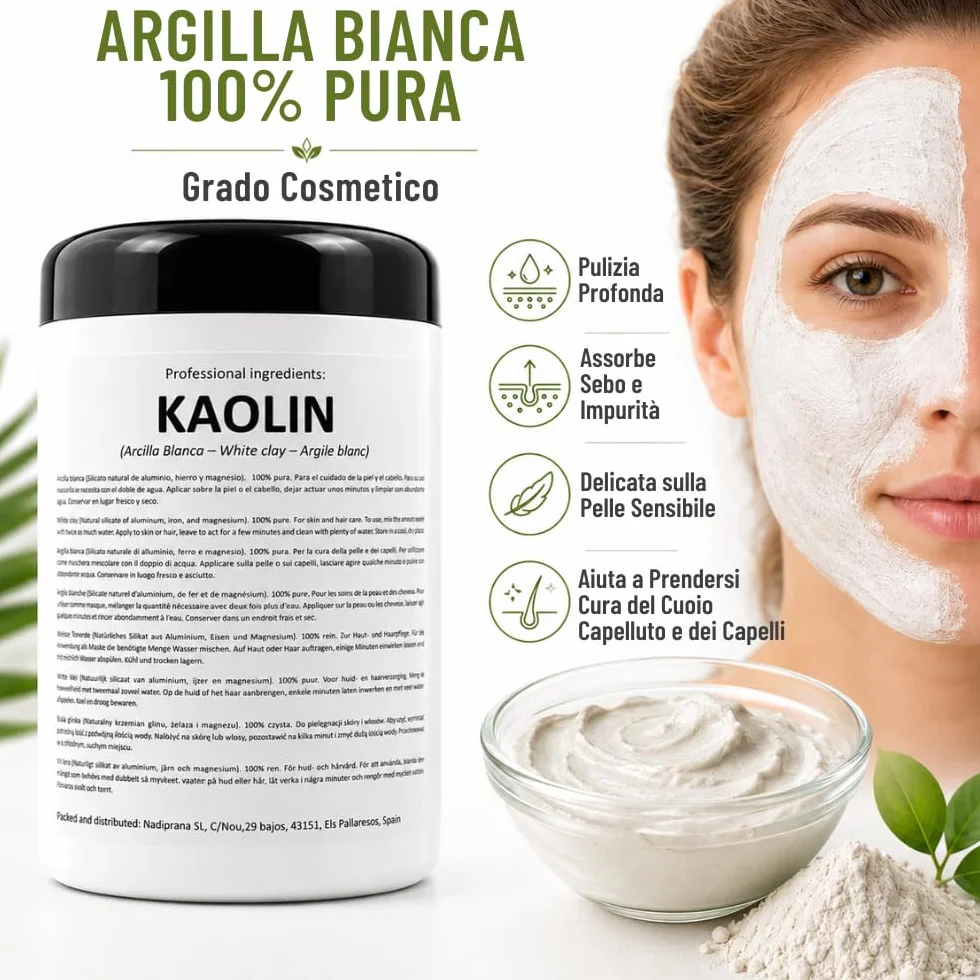 Argilla Bianca di Kaolin | 500 gr | Per la Cura della Pelle e dei Capelli | Esfoliante e Lenitivo | Ringiovanisce, calma e ammorbidisce la pelle