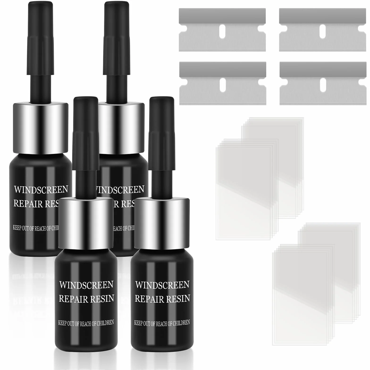 Flintronic Kit Riparazione Parabrezza Auto 4 Pezzi, Liquido Riparazione Vetri, per Incrinature Scheggiature Fessure Graffi