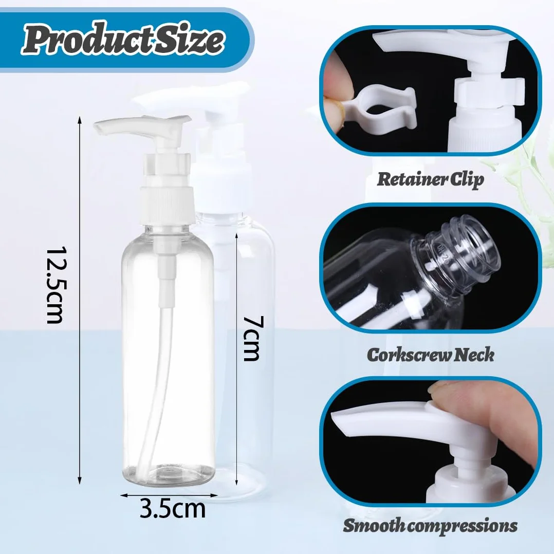 4 Pezzi Flaconi da Viaggio, 60 ml Bottiglie da Viaggio Trasparenti, Pompa da Viaggio in Plastica Dispenser, Boccette Contenitori Ricaricabile, per Lozione Emulsione Olio Pulizia Shampoo Gel Doccia