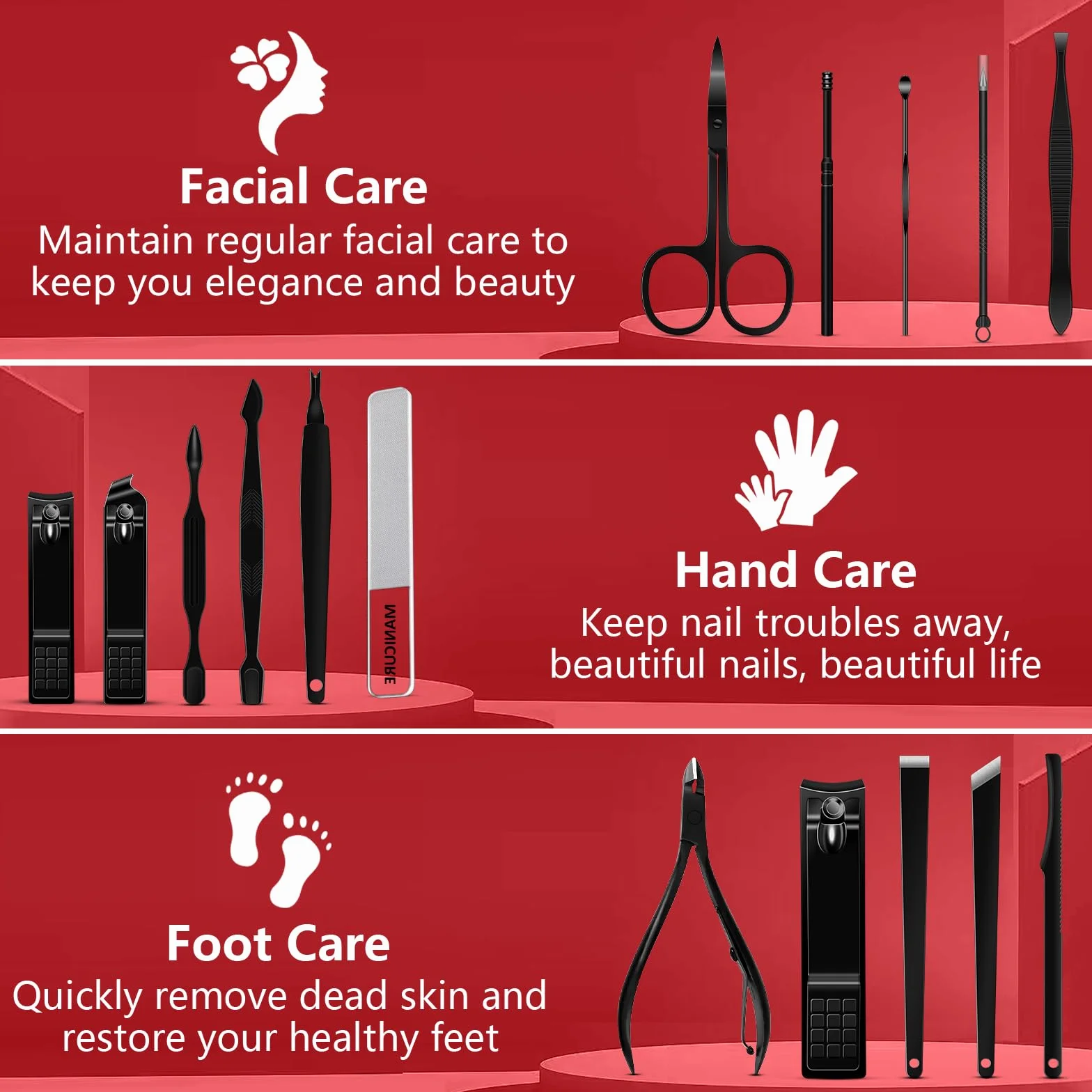 Set Manicure Kit Pedicure 16 Pezzi Acciaio Inox Strumenti Professionali Cura Unghie Custodia Pelle Viaggio Nero