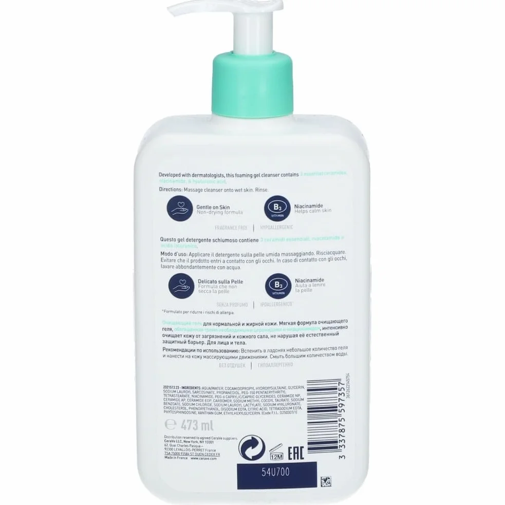 CeraVe Schiuma Detergente, Per Viso e Corpo, Per Pelli da Normali a Grasse, Pelle Libera da Impurità, Barriera Cutanea Rafforzata, Con Ceramidi Essenziali, Acido Ialuronico e Niacinamide, 562 ml