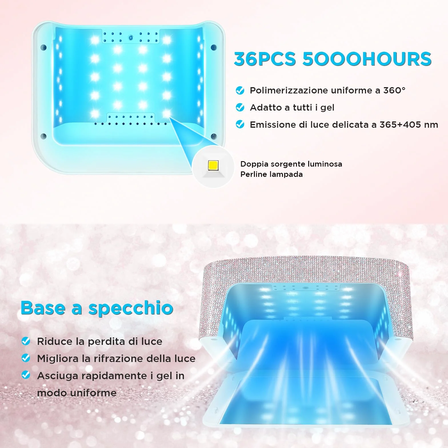 Lampada UV Ricaricabile Senza Fili per Unghie in Gel LED 4 Modalità Timer Strass Diamond per Unghie