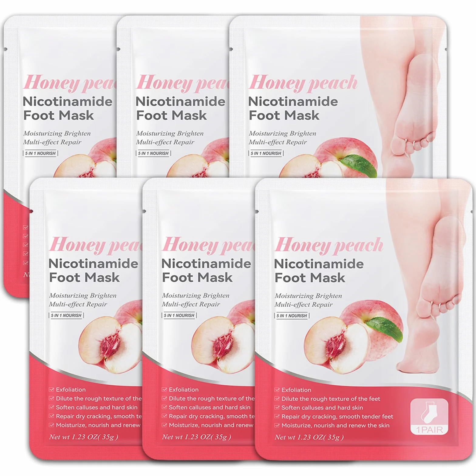 6 paia di maschere per piedi di pesca con niacinamide, idratanti e riparanti, peeling contro calli e pelle secca, maschera per piedi morbidi e delicati