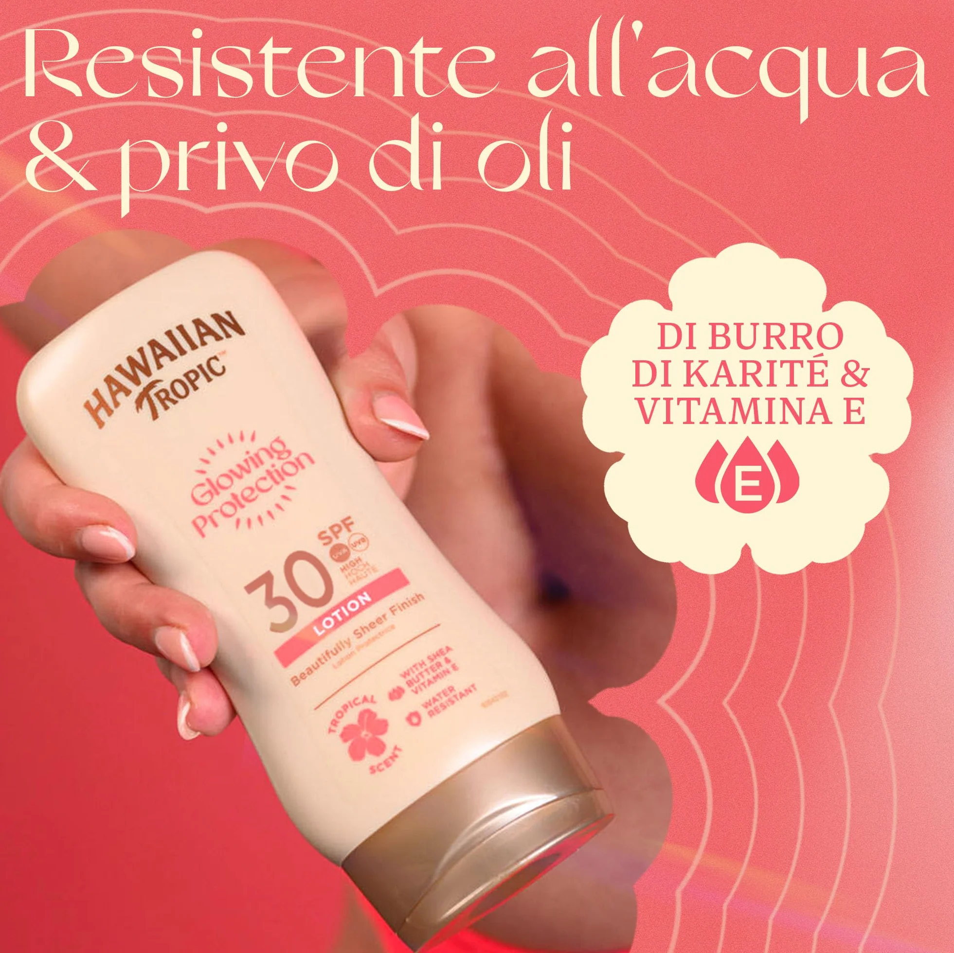 Hawaiian Tropic | Glowing Protection Lozione Solare SPF30, Protezione UVA + UVB, 180 ml, Profumazione Tropicale, con Burro di Karité, Resistente all'Acqua, Vegano