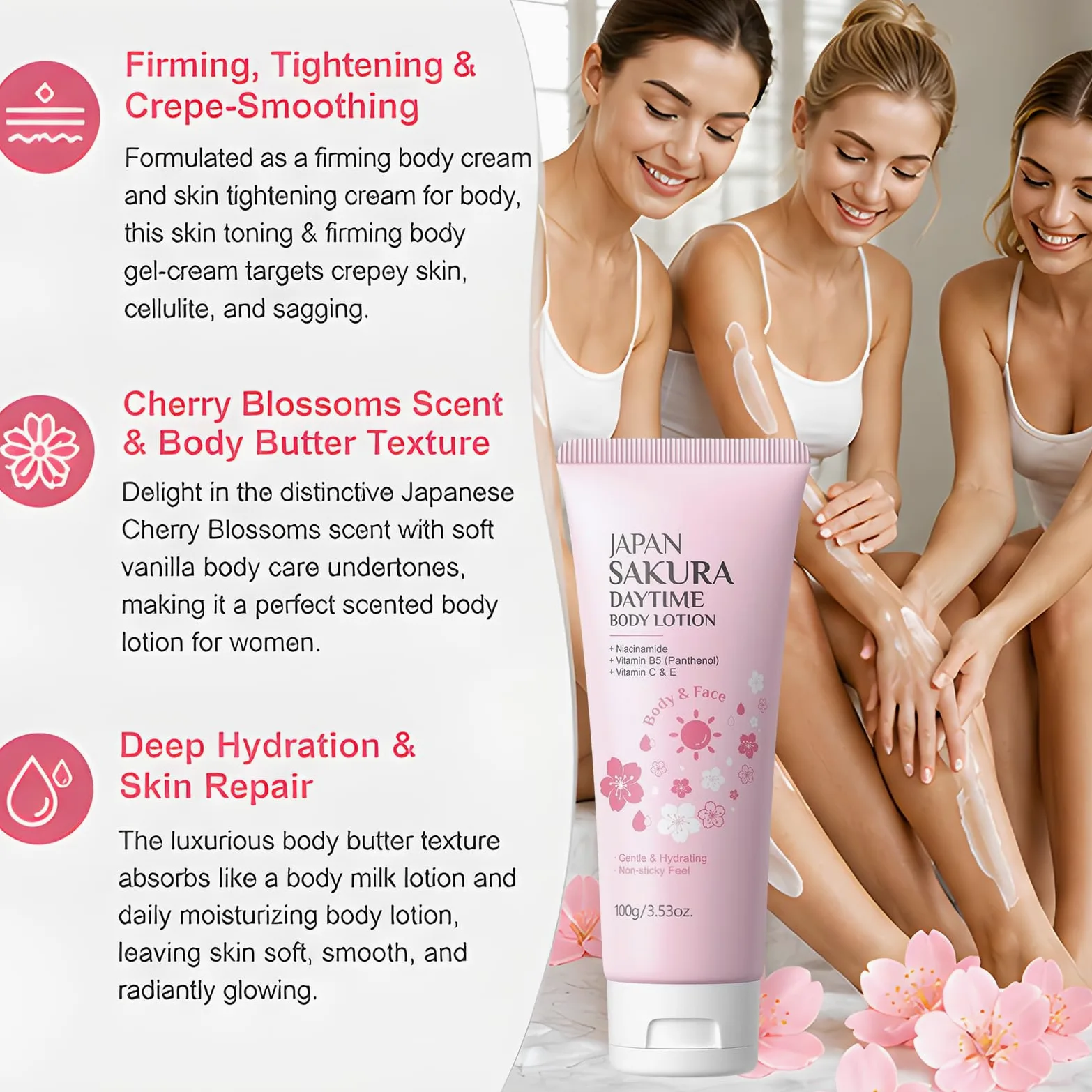 Giapponese Fiori di Ciliegio (Sakura) Illuminante Corpo Lozione - Rassodante e Anti-invecchiamento Idratante Quotidiano, Donne Pelle Secca Serraggio Profumato Idratante Crema (5 pezzi)