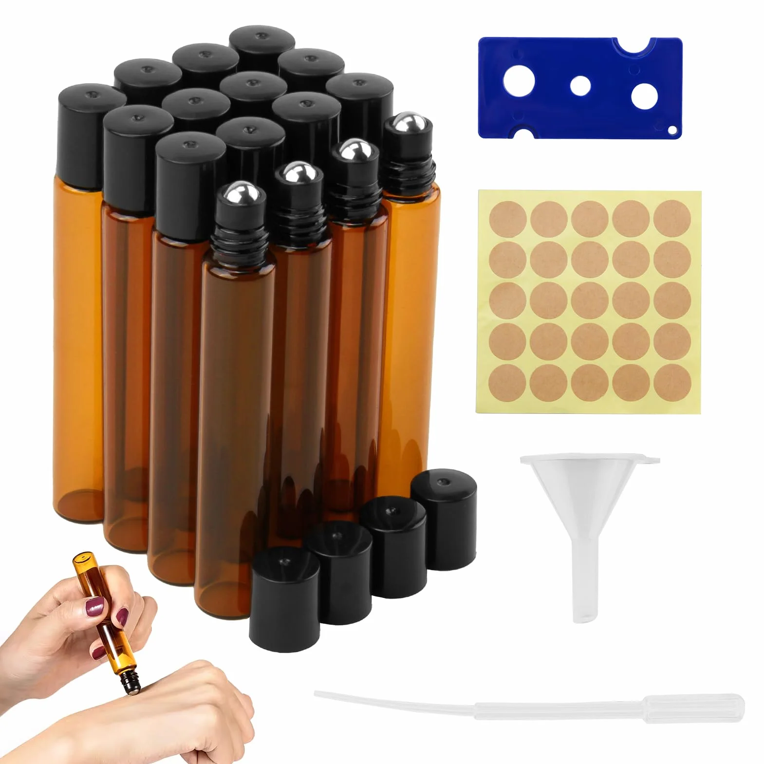 16 Pezzi Roll-On in Vetro Marrone da 10ml per Oli Essenziali, Marrone Roll On Bottiglia Boccette Vuote Contenitore Flaconcini Vuoti con Sfera in Acciaio Inossidabile, per Aromaterapia, Profumi