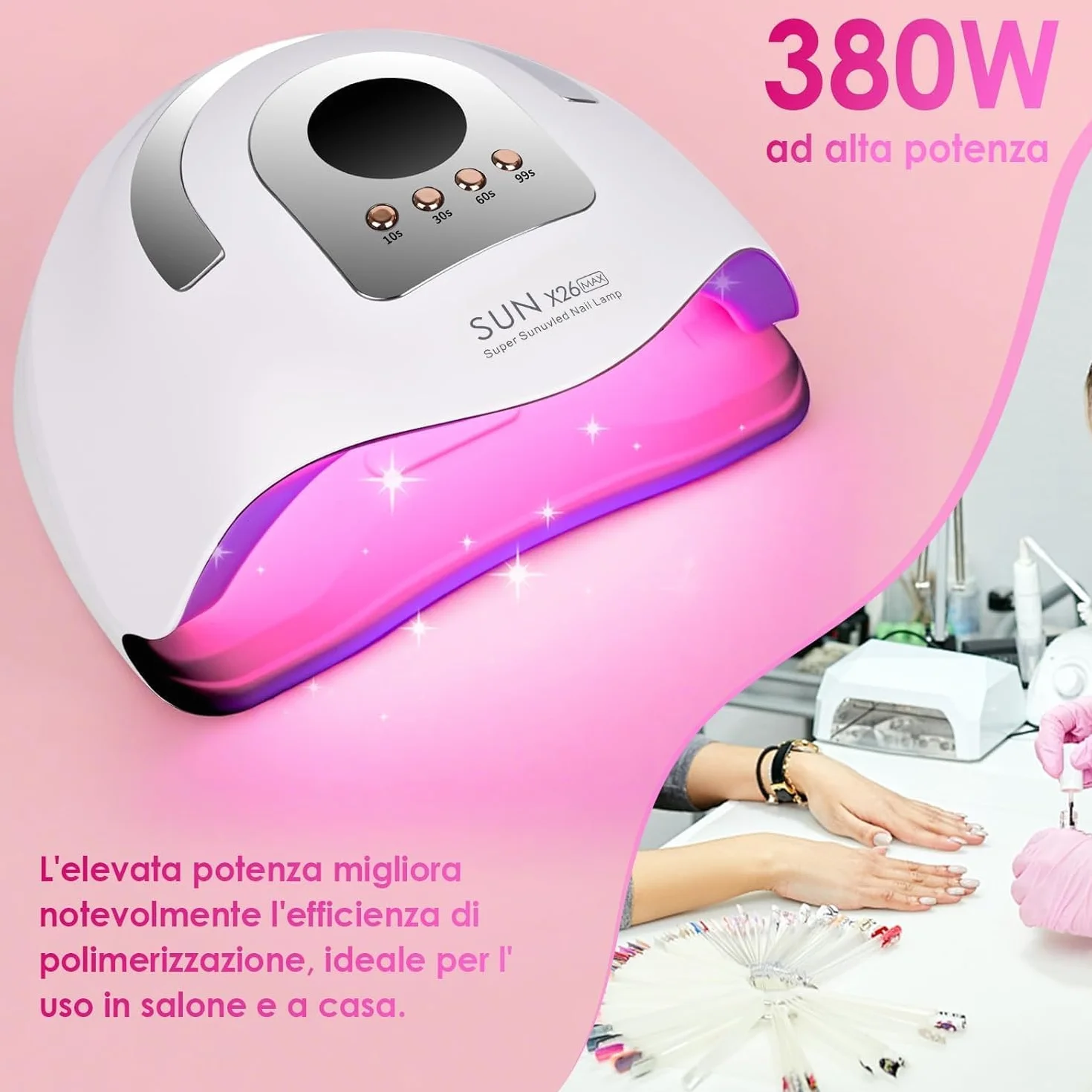 Lampada Unghie Professionale SUN X26 Max 380W – UV/LED 42 Doppie Perle, Asciugatura Rapida, 4 Timer, Sensore Smart – Per Gel, Semipermanente, Ricostruzione – Manicure & Pedicure