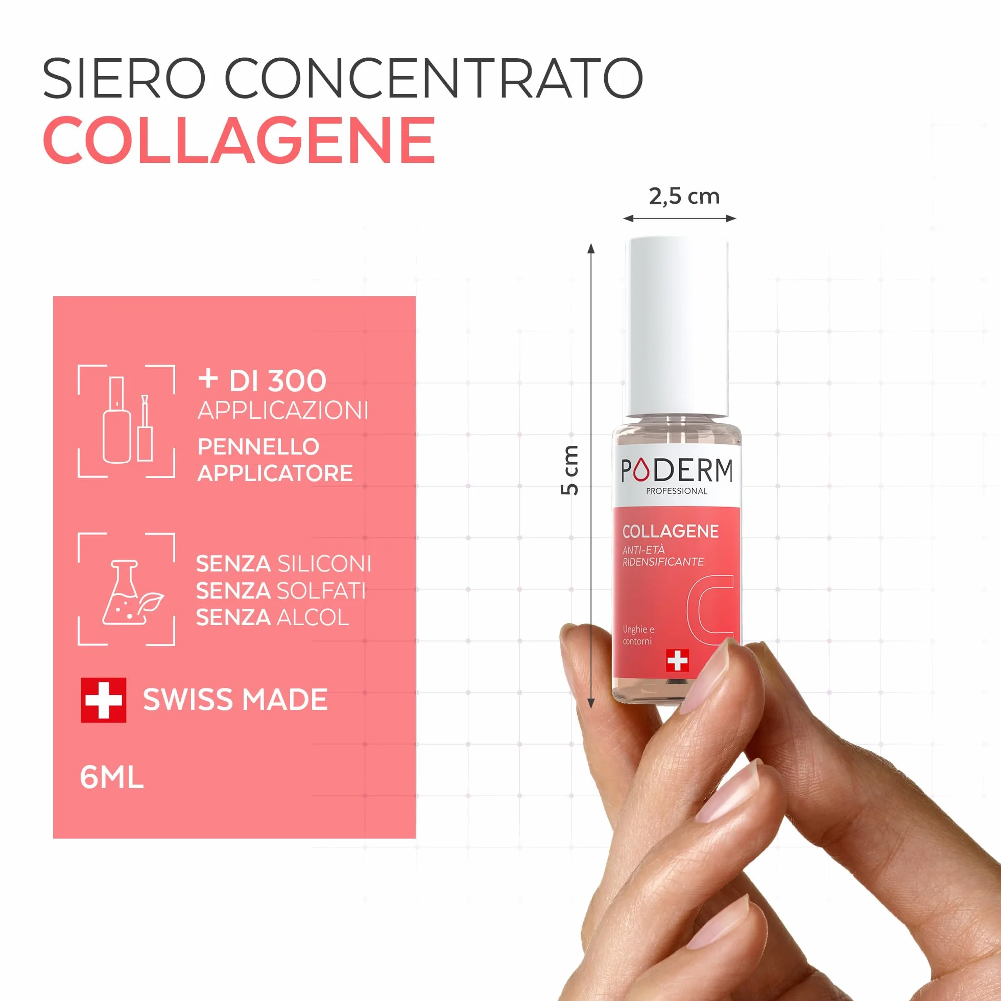 Poderm 5 in 1 Siero Booster Unghie - Collagene | Trattamento Ridensificante & Anti-Età per Unghie Indebolite - 6 ML | Idrata & Rafforza | 100% Naturale - Sviluppato da un Podologo in Svizzera